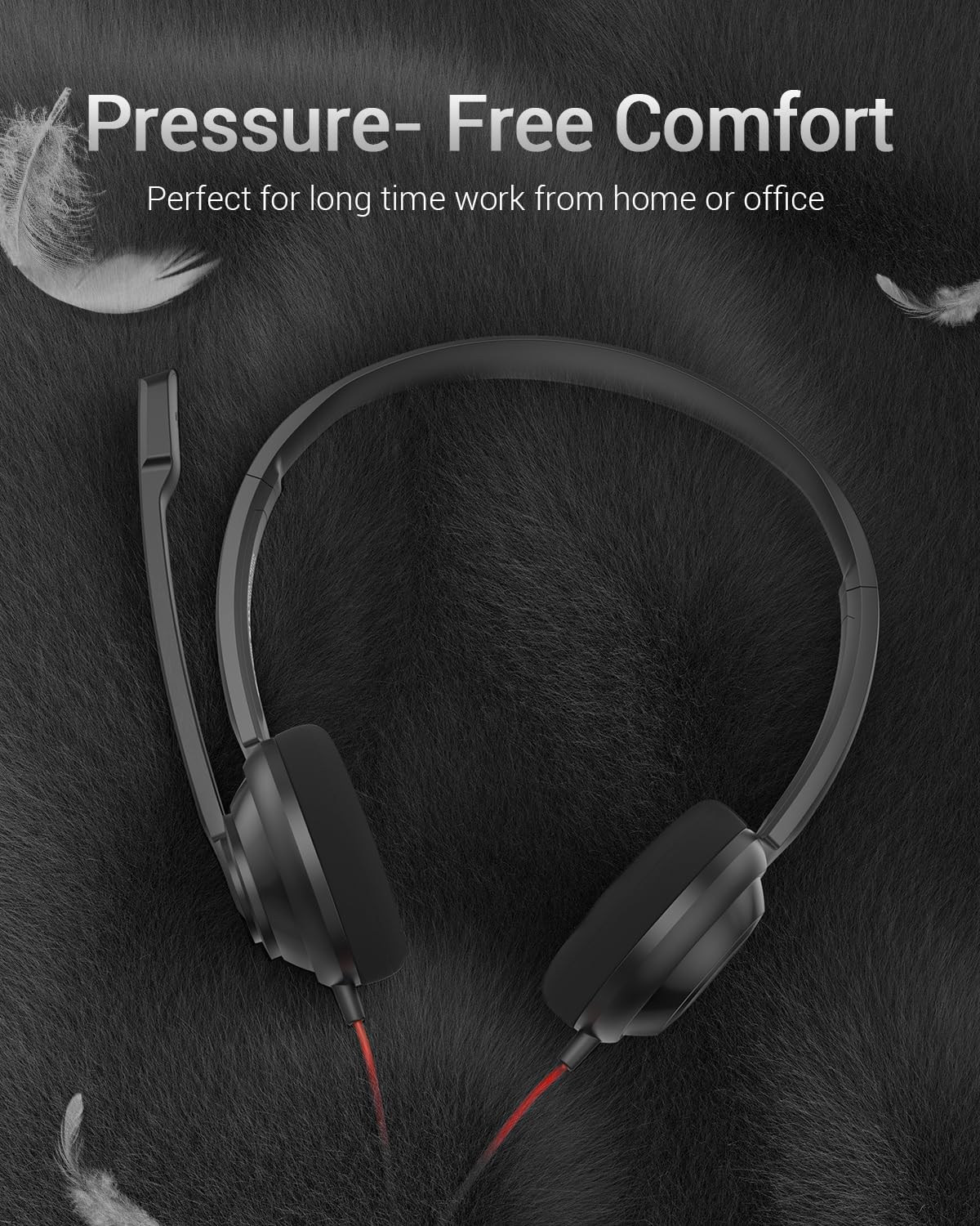 NUBWO HW02 USB wired headset with clear microphone, lightweight on-ear design, suitable for MS Teams, Skype, webinars, and calls in black.