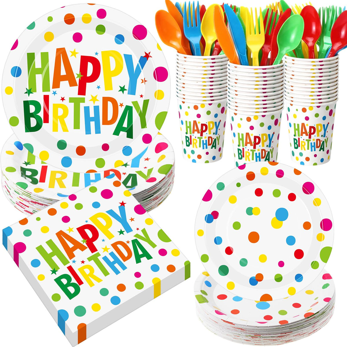 Pickmesh 400 Pcs Polka Dots Happy Birthday Plates and - Pickmesh Official Imagery - 1
