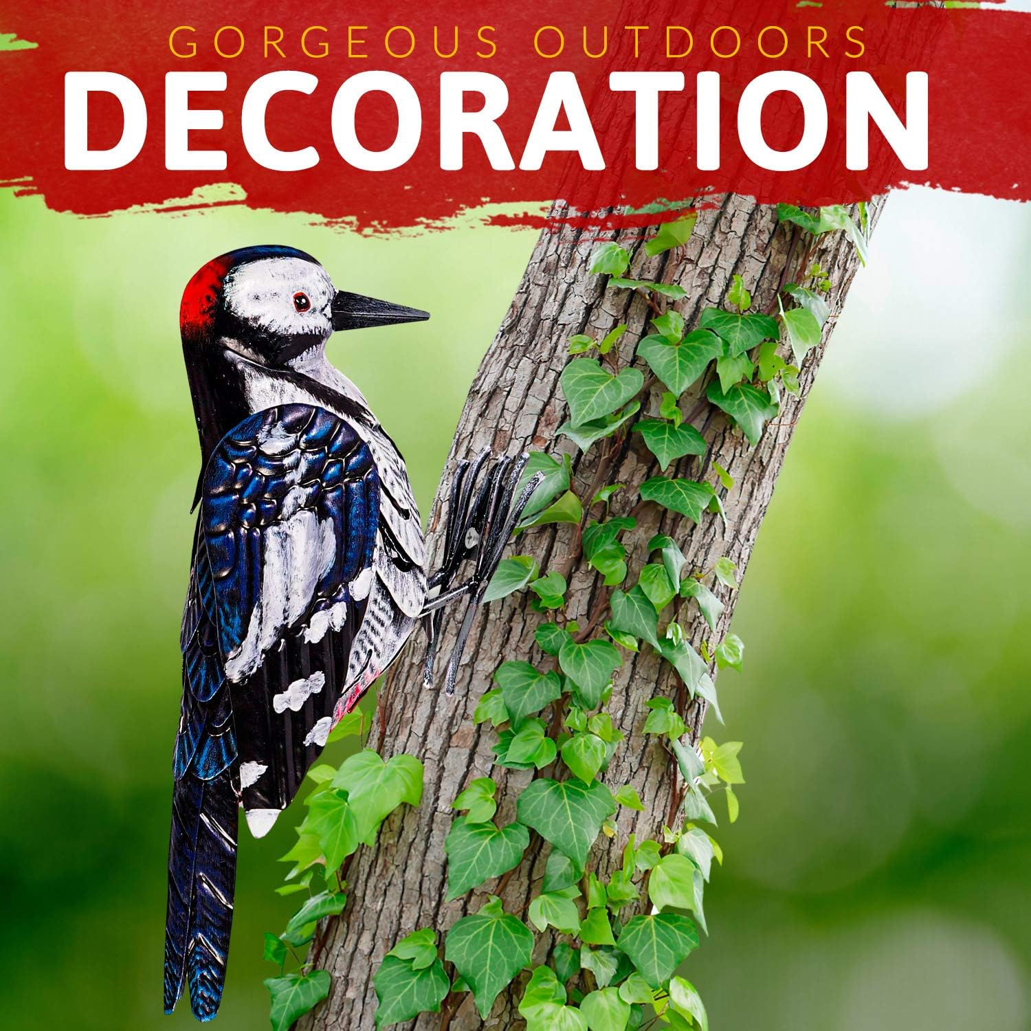 Shefio Metal Woodpecker bird figurine, a realistic garden statue for backyard decor and bird-themed garden gift.