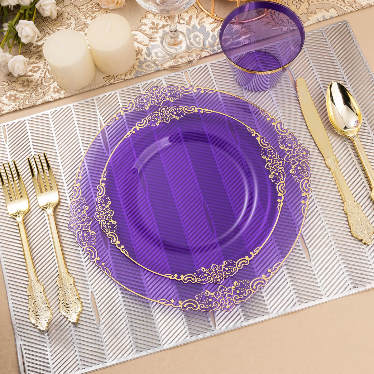 175PCS Clear Purple Plastic Plates for 25 Guests - Bestluck Official Imagery - 7