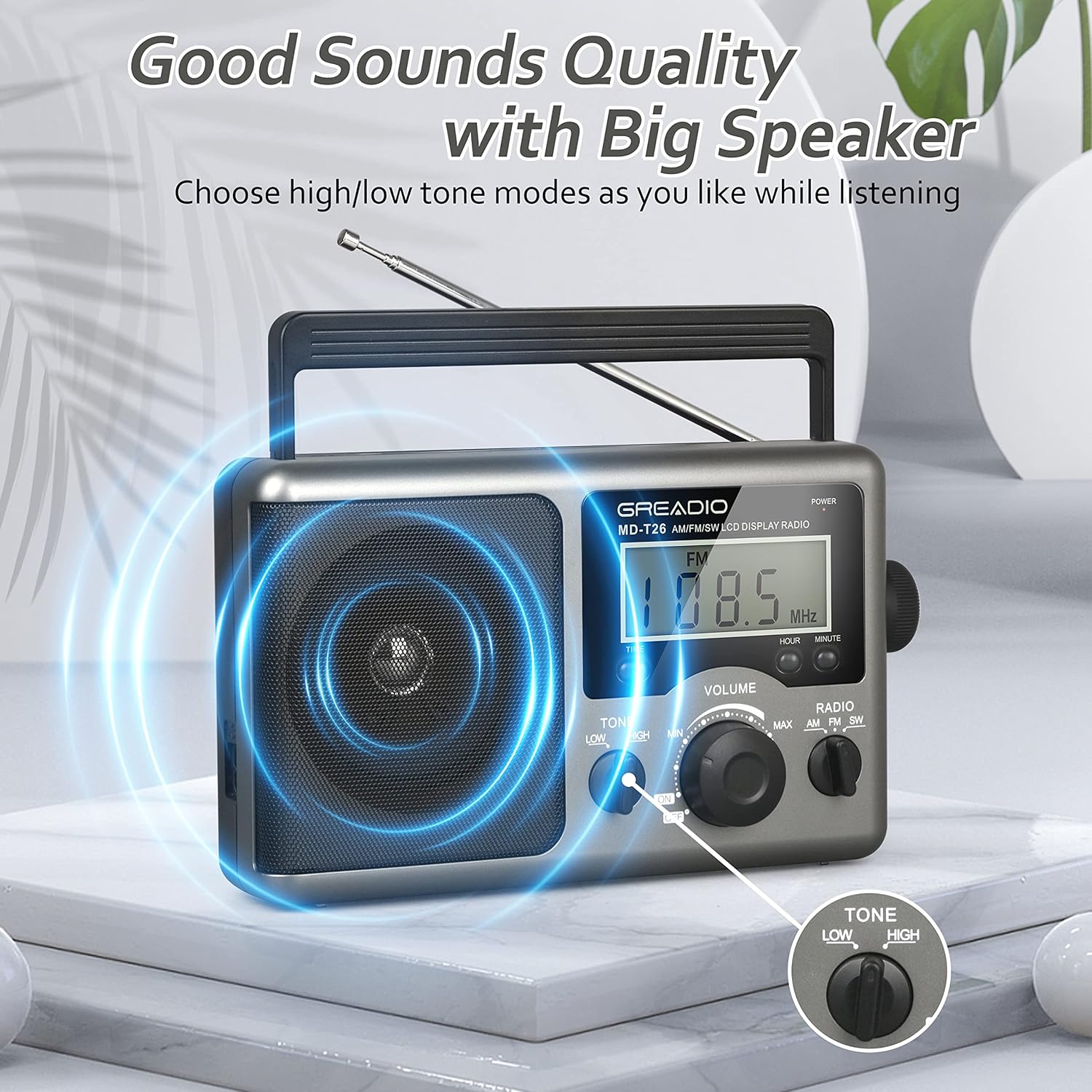 Greadio portable shortwave radio with LCD display, AM/FM bands, transistor design, and excellent reception.