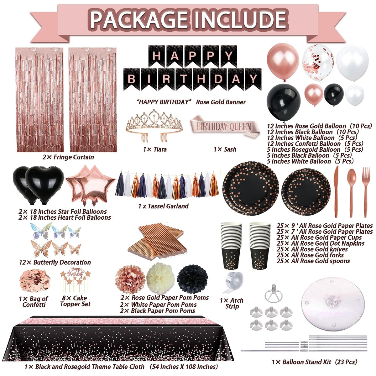 Guudmua 295 Pcs Black And Rose Gold Birthday Decorations - Guudmua Official Imagery - 4