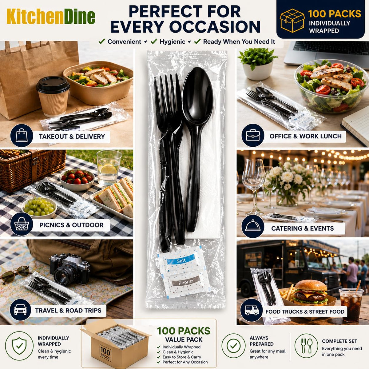 KitchenDine 100 Pack Medium Weight Wrapped Black Plastic - KitchenDine Official Imagery - 8