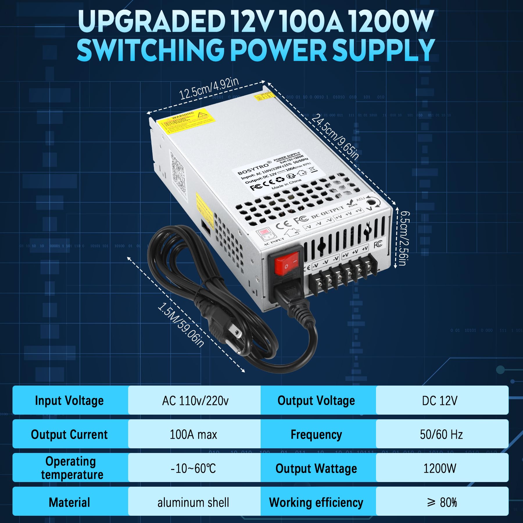 BOSYTRO Upgraded 12V Power Supply, 110v to 12v Converter, 1200W 1 - BOSYTRO Official Product View 2