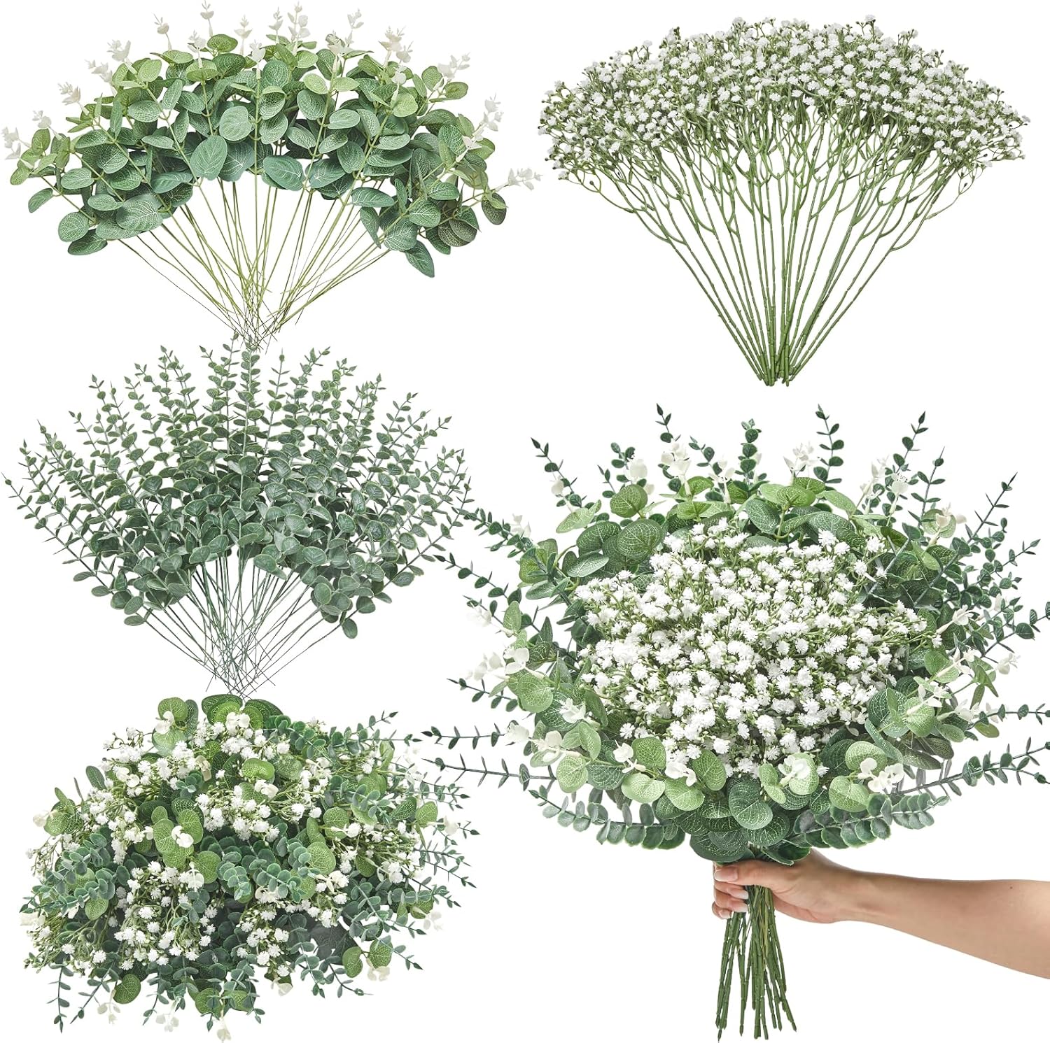 Serwalin 100 pcs mixed artificial eucalyptus stems and baby’s breath flowers for floral arrangements or home decor.