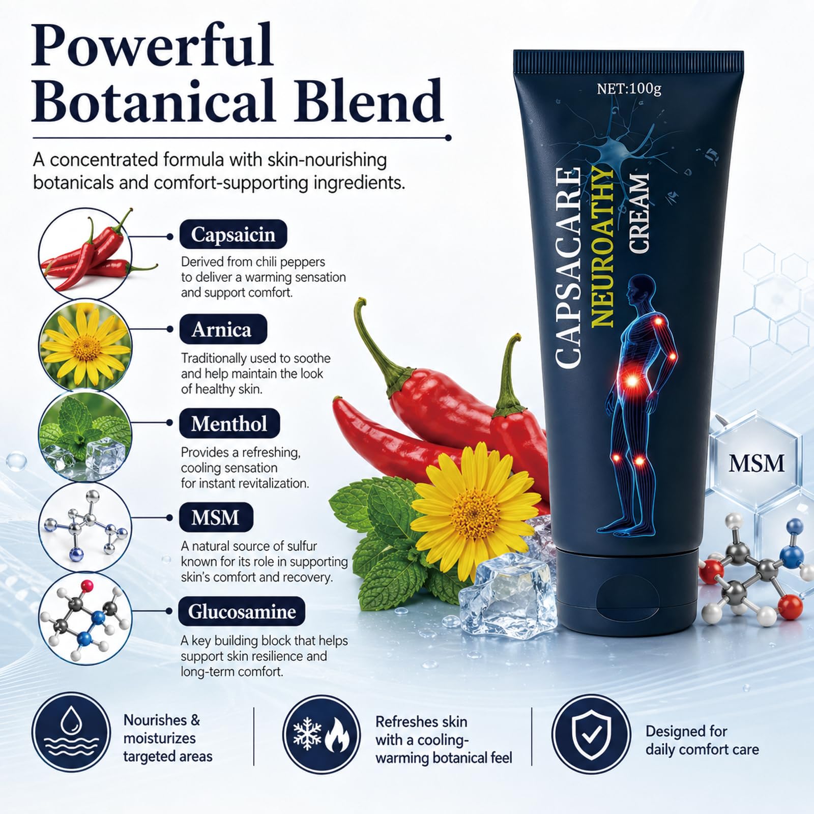 Capsacare Neuropathy Relief Cream with capsaicin and arnica, 100g, showing the cream container and label.