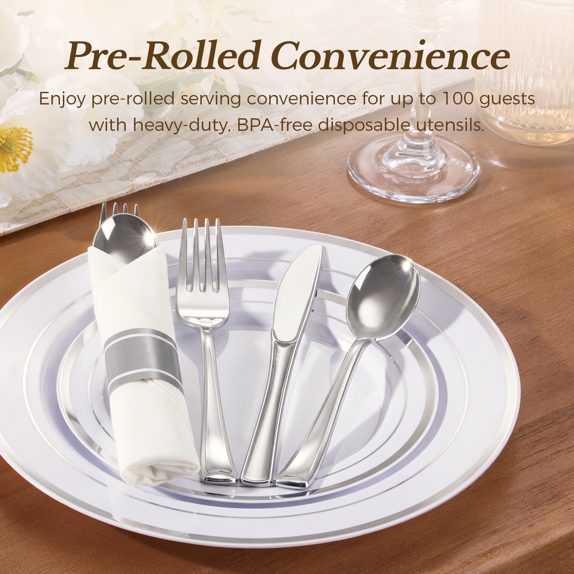 Goodluck 100 Pack Pre Rolled Silver Plastic Silverware, Wrapped C - Goodluck Official Product View 5
