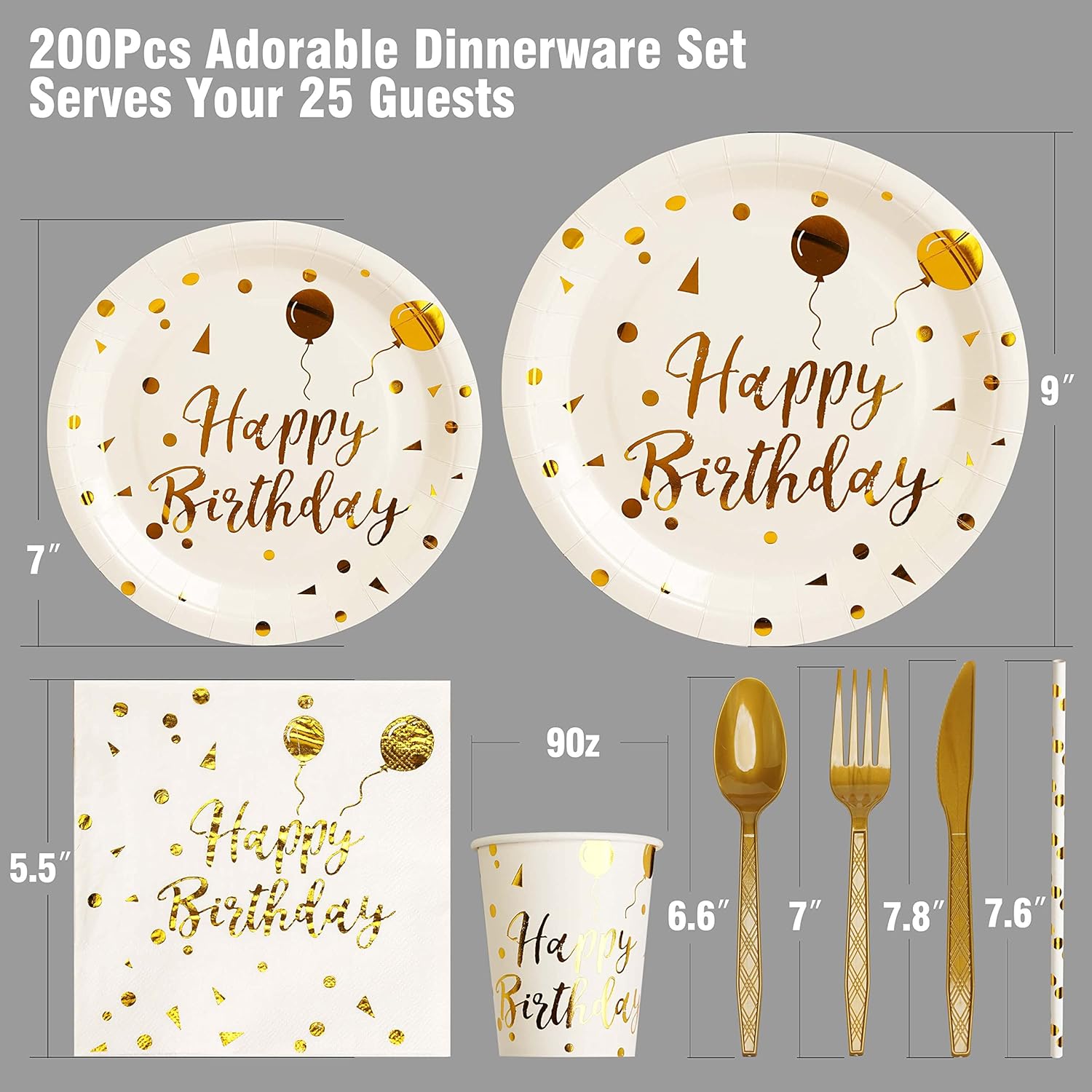 Set of 200 white and gold birthday party supplies, including disposable items for 25 guests, from VYLURIXX.
