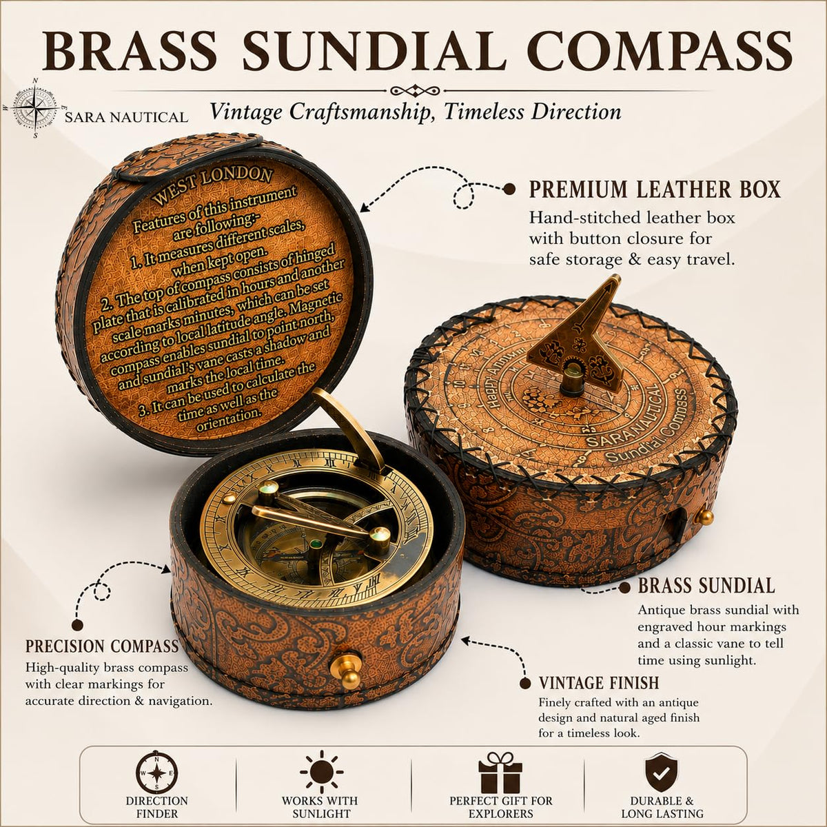 SARA NAUTICAL Antique Brass Sundial Compass Sundial Clock in - SARA NAUTICAL Official Imagery - 3