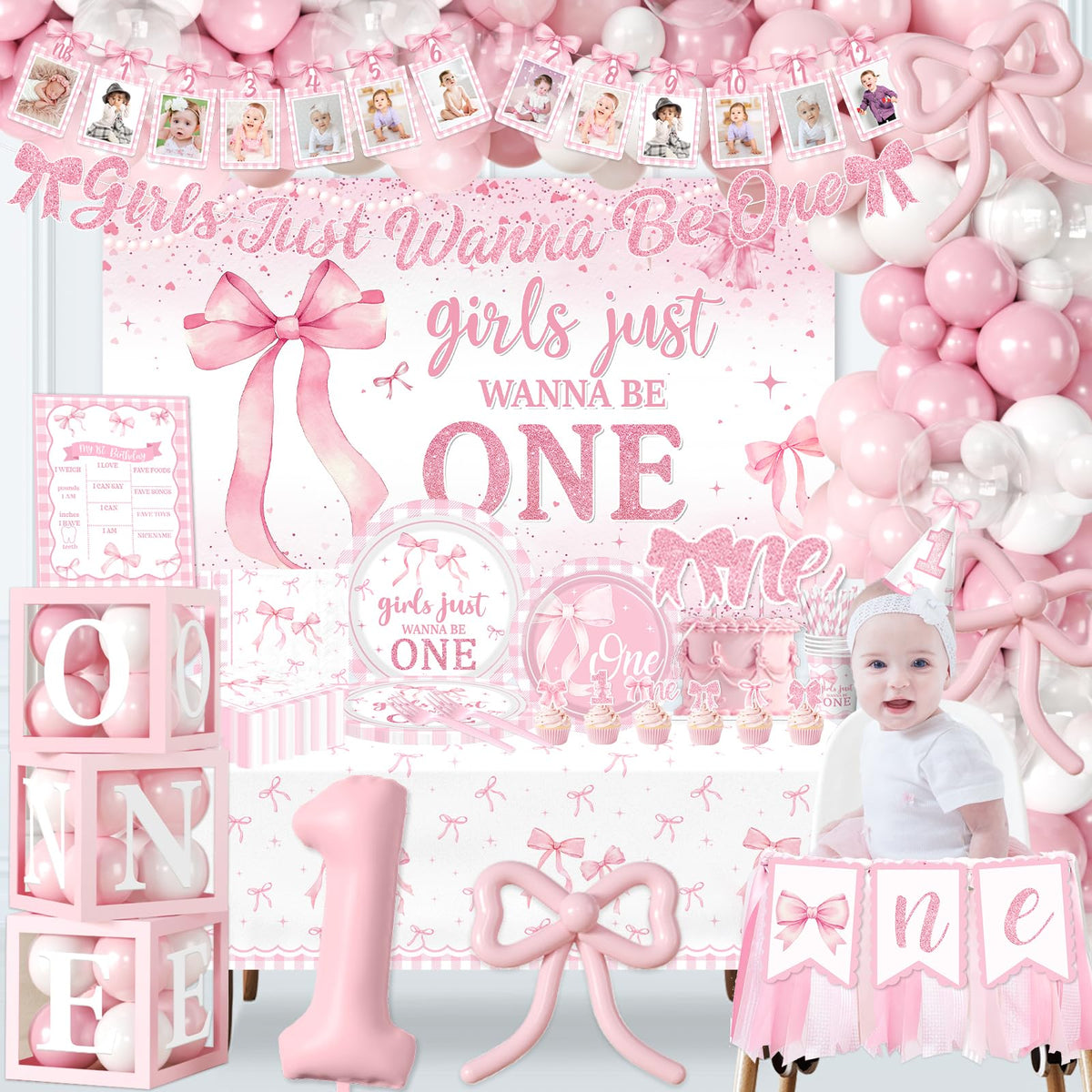 Pink Bow 1st Birthday Decorations 271Pcs Girls Just Wanna Be - KUPWOQU Official Imagery - 3