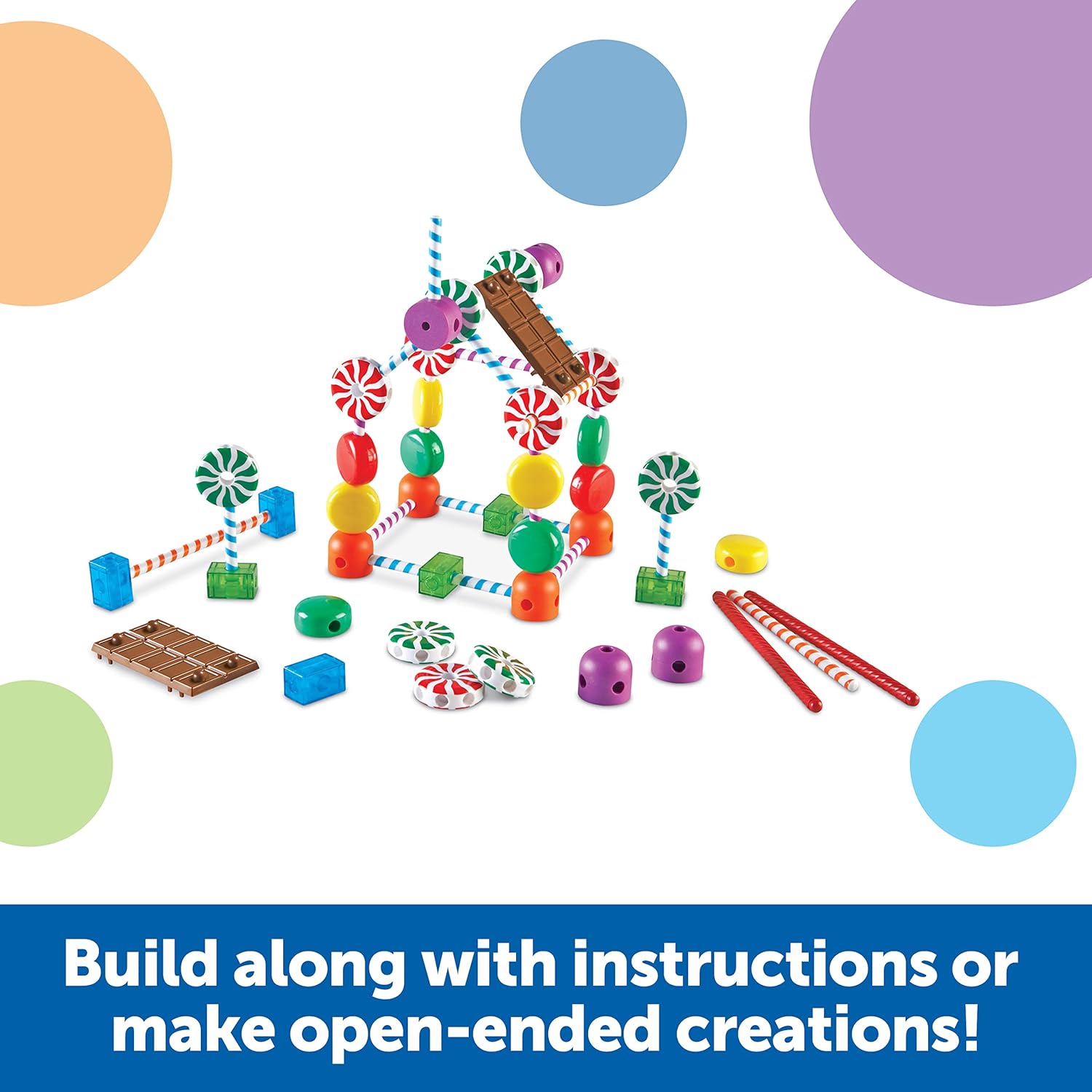 Colorful Learning Resources Candy Construction Building Set with 92 pieces for kids ages 4 and up, includes various shapes and colors.