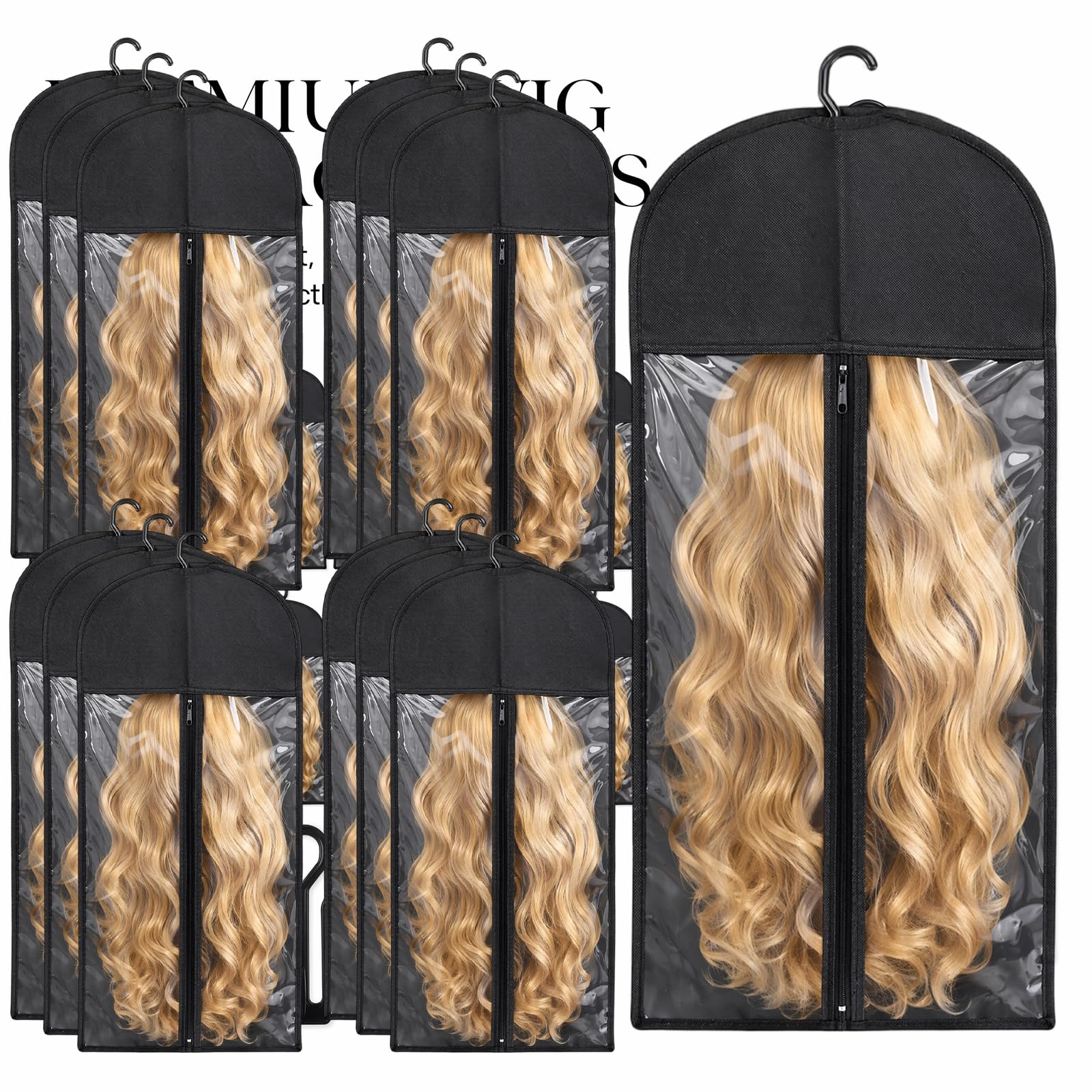 Awiniyeer 12 PCS Wig Storage Bags with Hanger, Dust-Proof Wig Holder for Multiple Wigs, Hair Extensions and Accessories, Clear Window Wigs Bags Storage Organizer(Black)
