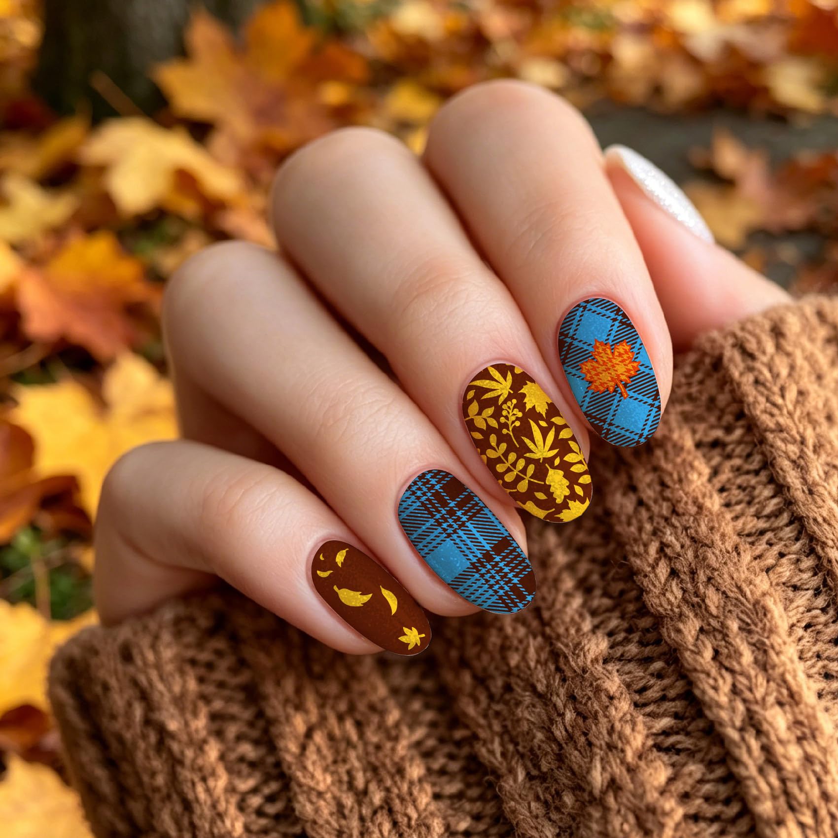 Arbuya Fall Nail Stamping Plates Set of 3 - Pumpkin, Mushroom, Maple, Ginkgo, Oak Leaves & Checkered Backgrounds for Autumn Nail Art for DIY Nail Art Manicure Salon Supply
