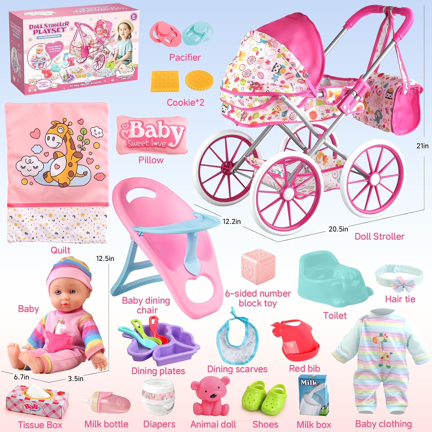 YIYBM baby doll stroller toys set with 12.5-inch doll, dining chair, quilt pillow, and 24-piece accessories for imaginative play