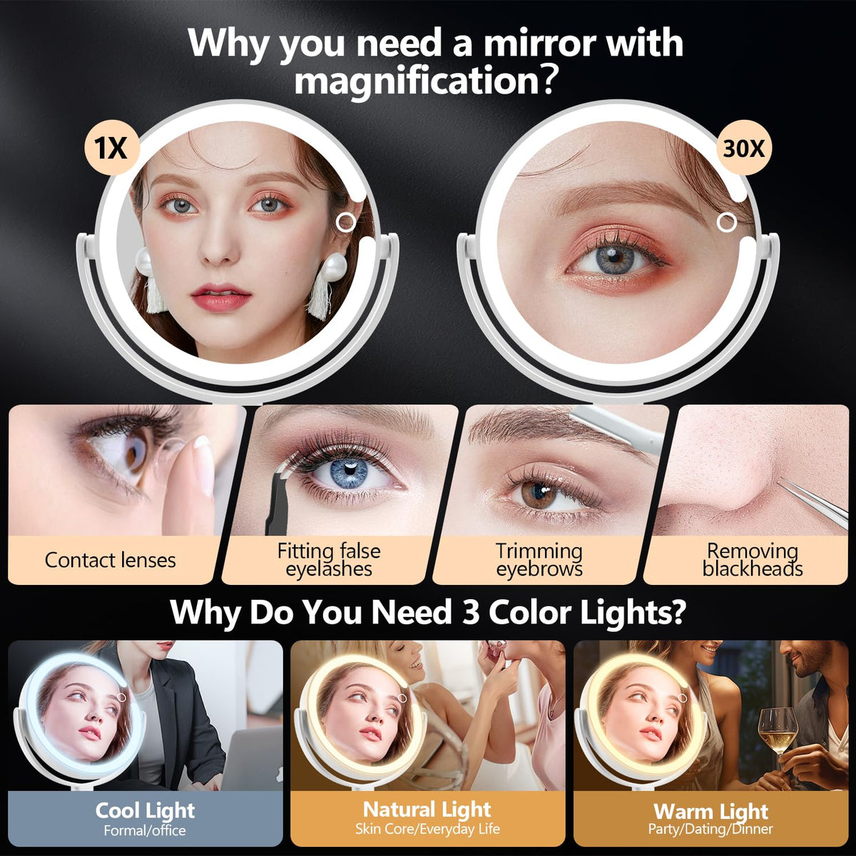 30X Magnifying Makeup Mirror with Lights Rechargeable Desk - MIYADIVA Official Imagery - 6