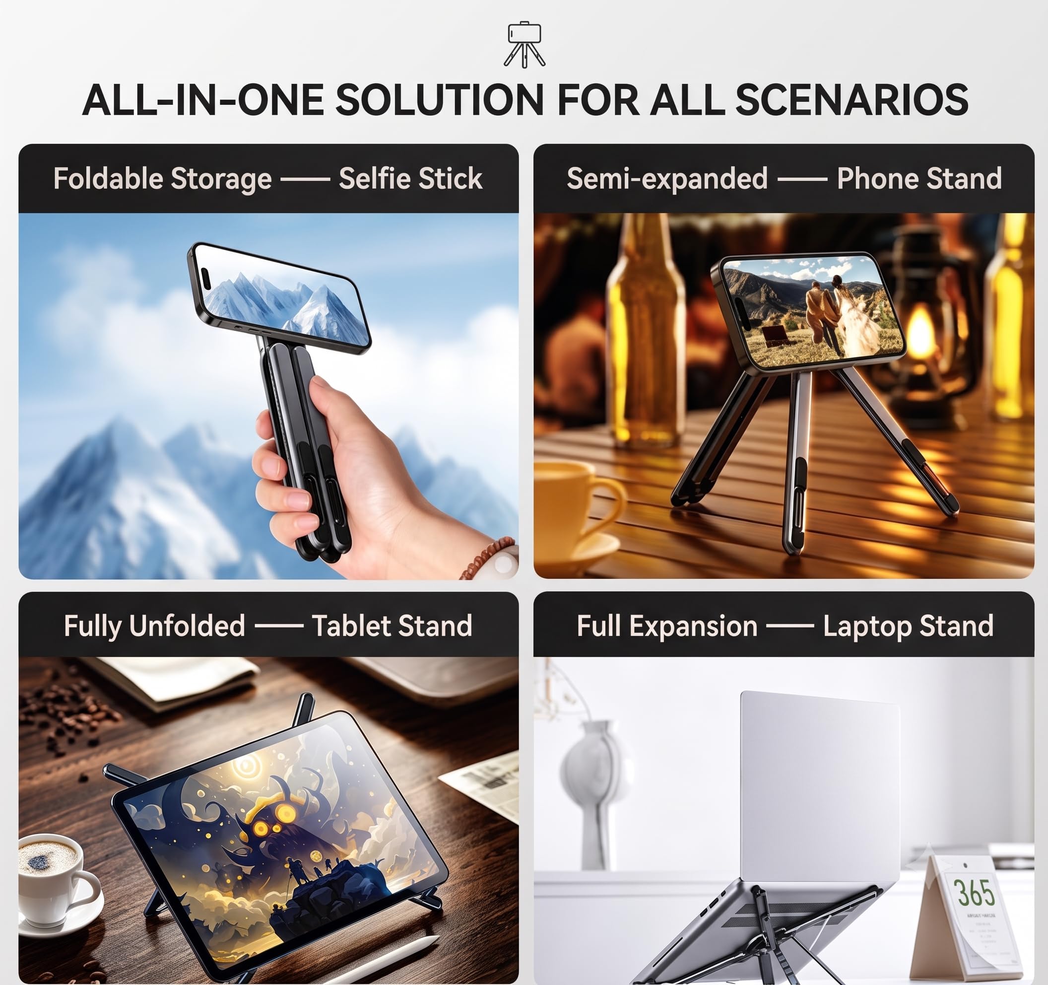GENTERUN 3-in-1 laptop stand with magnetic phone holder, adjustable aluminum riser for MacBook and iPhone 12-16, portable desk accessory.