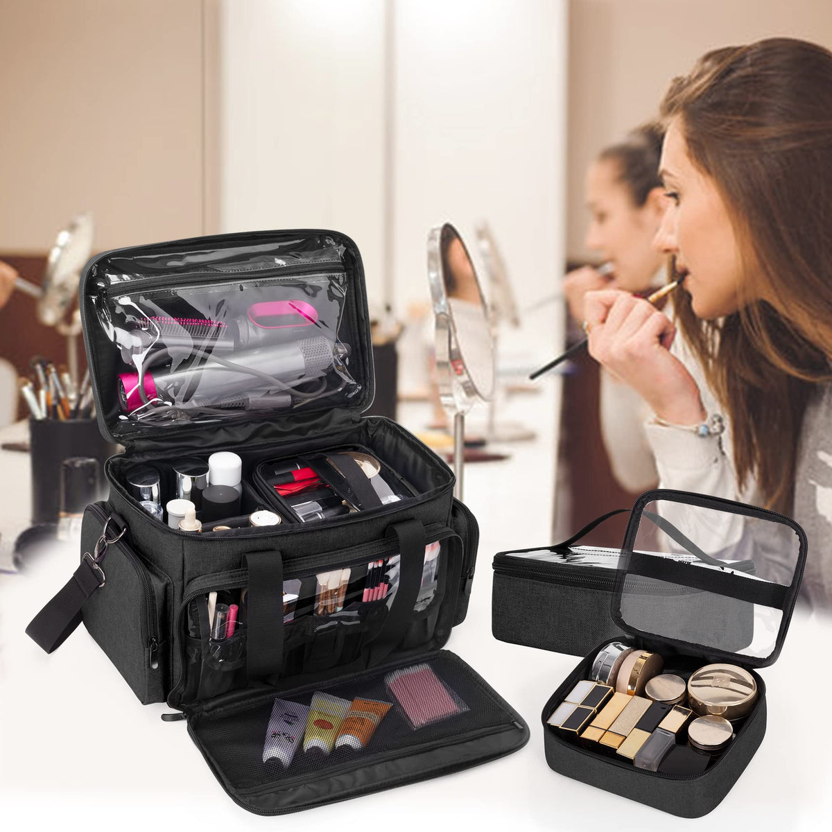 Makeup Bag with 2 Removable Pouches and Detachable Dividers - BAFASO Official Imagery - 8