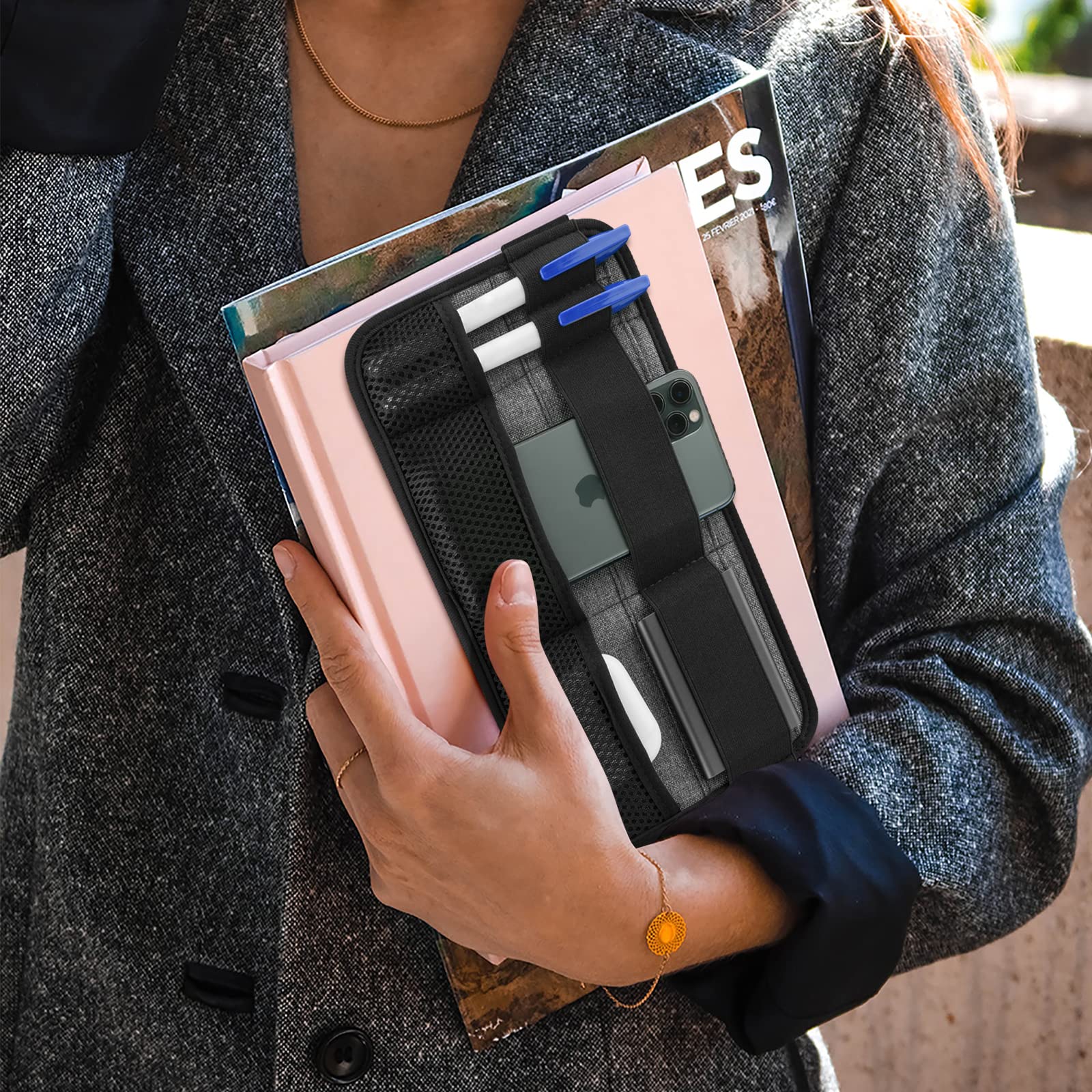Gray Homakover portable tech organizer caddy with compartments for cables, charger, power bank, and cellphone, attachable to laptops.