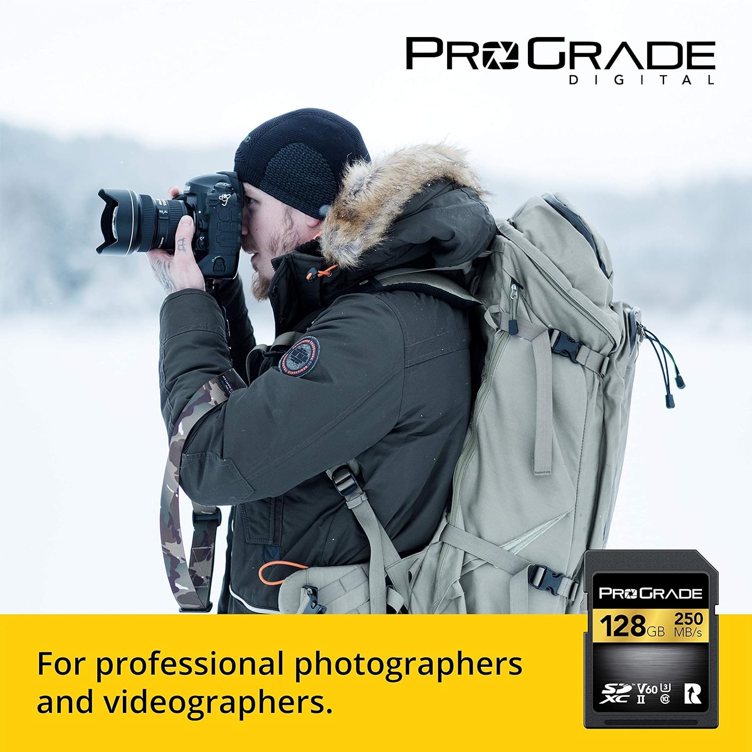 ProGrade Digital SD UHS-II 128GB V60 memory card with up to 130MB/s write speed and 250MB/s read speed.