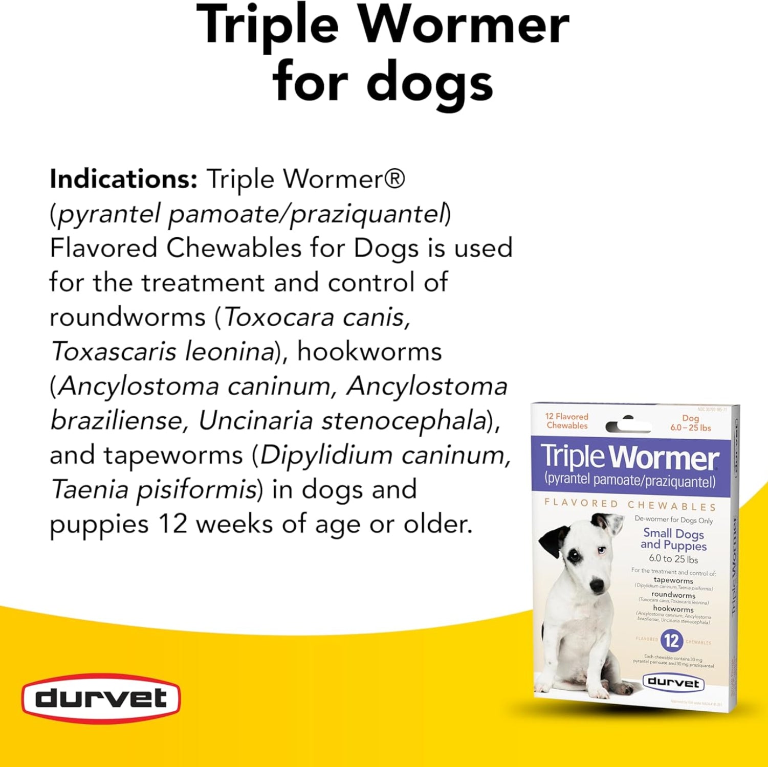 Durvet 12-pack Triple Wormer tablets for puppies and small dogs, showing the blister pack and tablets ready for use.