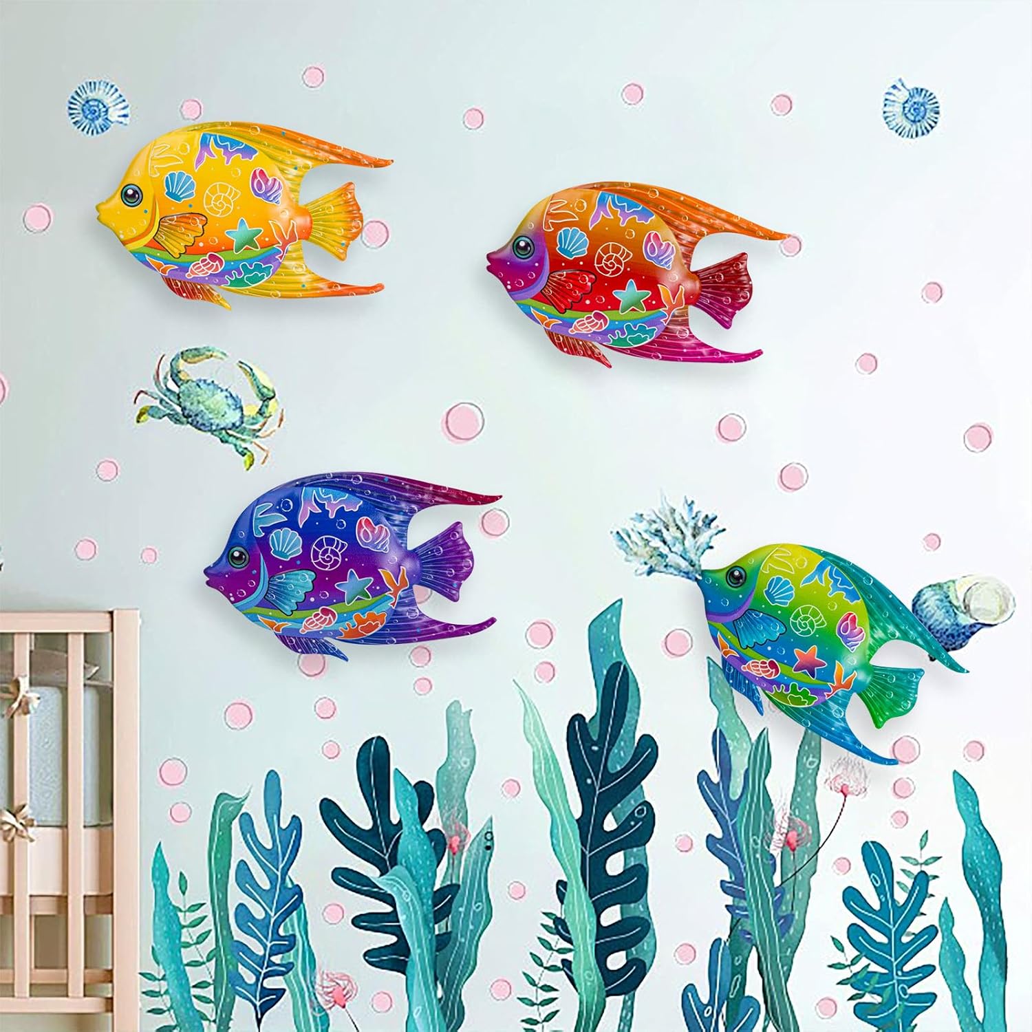 SUNREEK 9-inch metal fish wall art featuring four coastal nautical fish designs, suitable for outdoor ocean or pool decor.