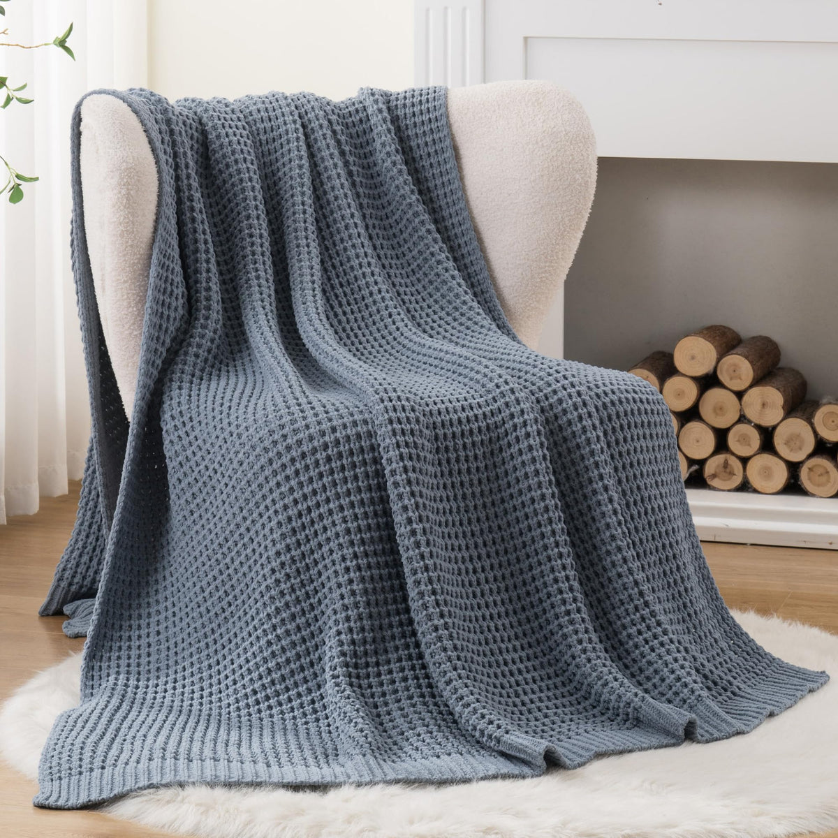 Blue Grey Throw Blanket for Couch Waffle Knitted Throw - Bunnikins & Clover Official Imagery - 3