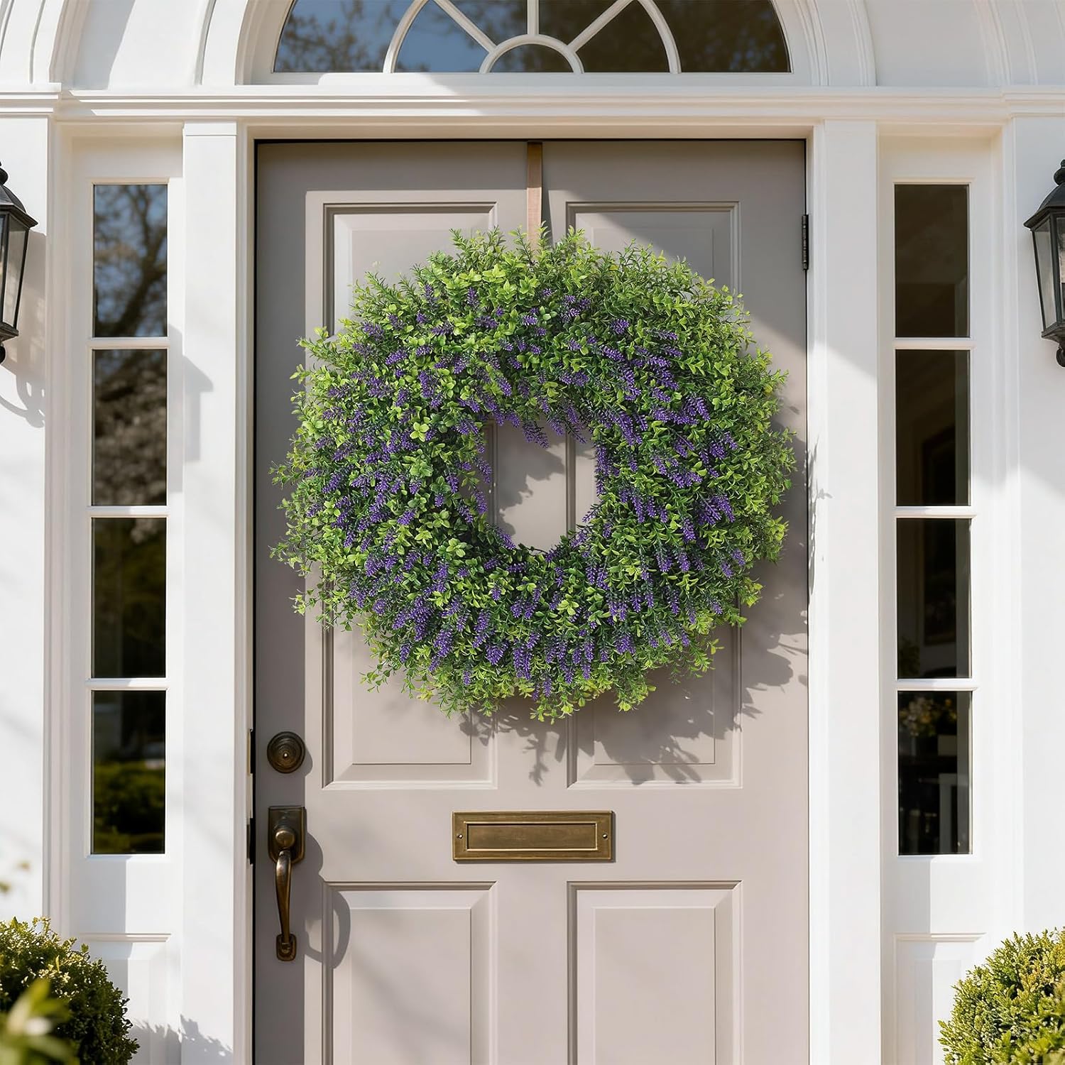 26" Artificial Lavender & Boxwood Wreath for Front Door - Large Faux Purple Greenery Outdoor