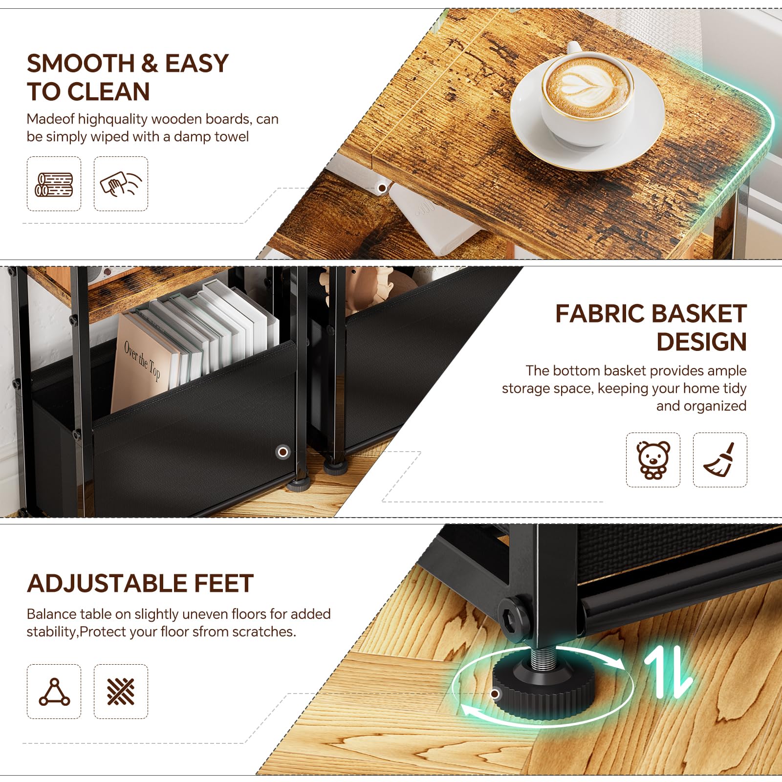 Simple Trending Side Table, 3-Tier Modern End Table with Fabric Basket - View 5