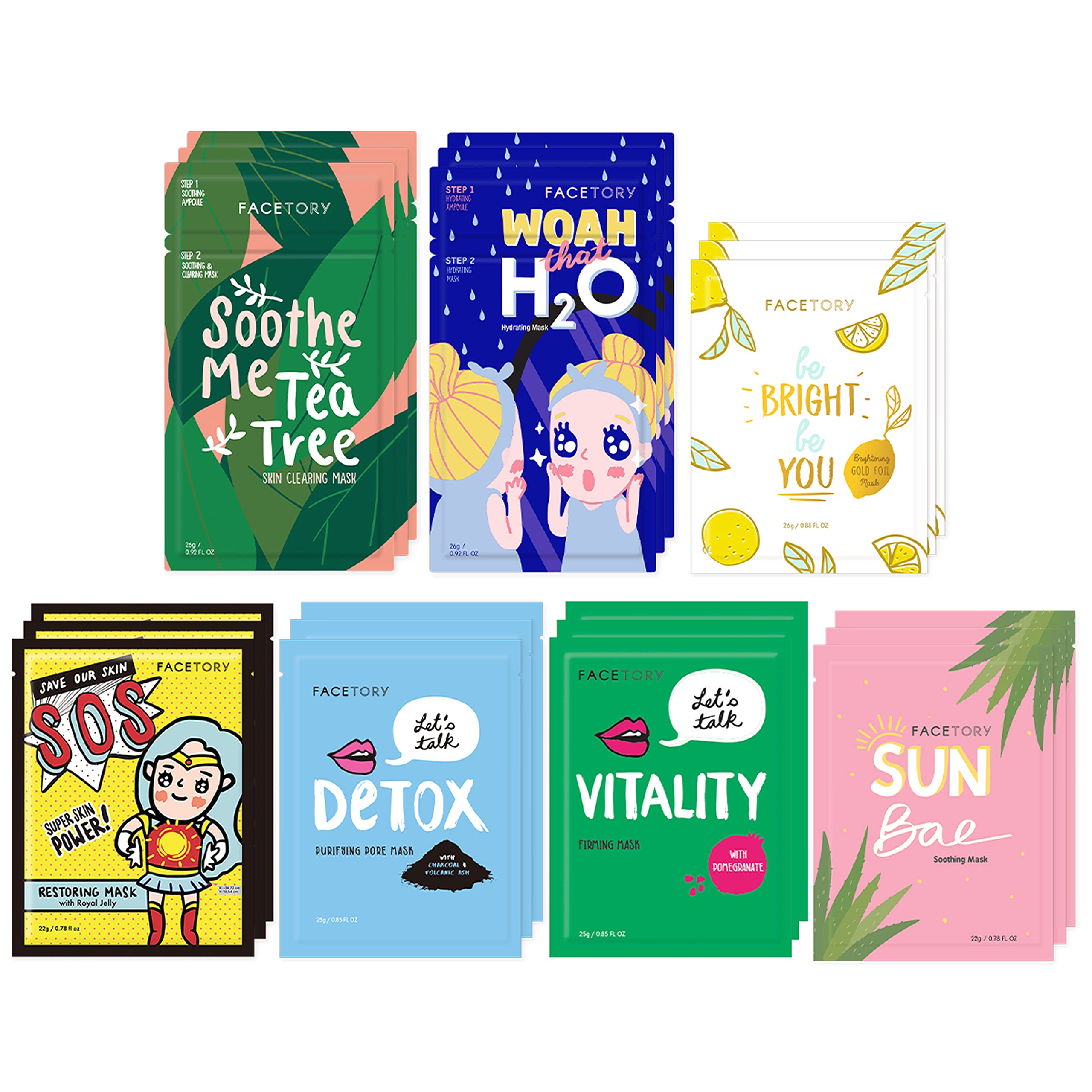 FACETORY Best of 7 Korean Face Mask Variety Pack, Radiance &amp; - FACETORY