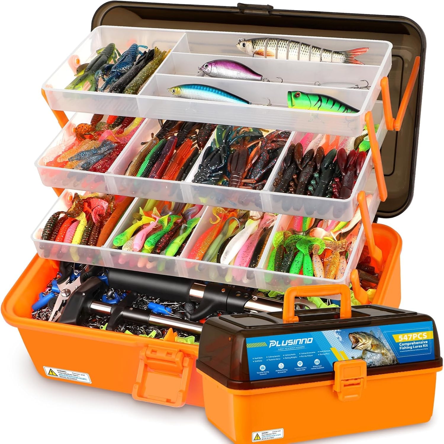 PLUSINNO large 4-layer tackle box with 547-piece fishing lure kit, including pliers and crankbaits for freshwater or saltwater fishing.