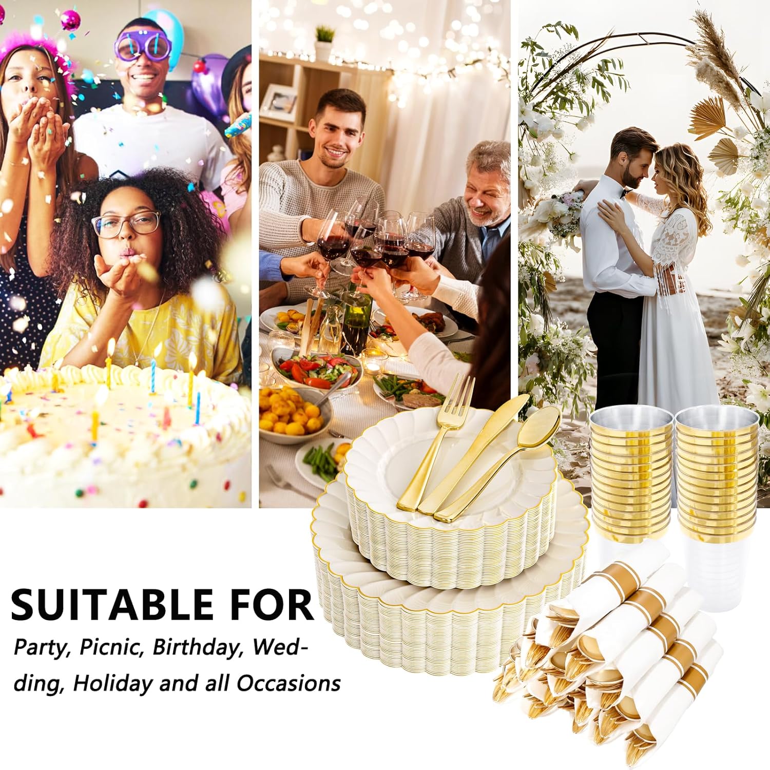 Set of 81 ivory scalloped plastic plates with gold accents from YOUBET, perfect for elegant disposable tableware.