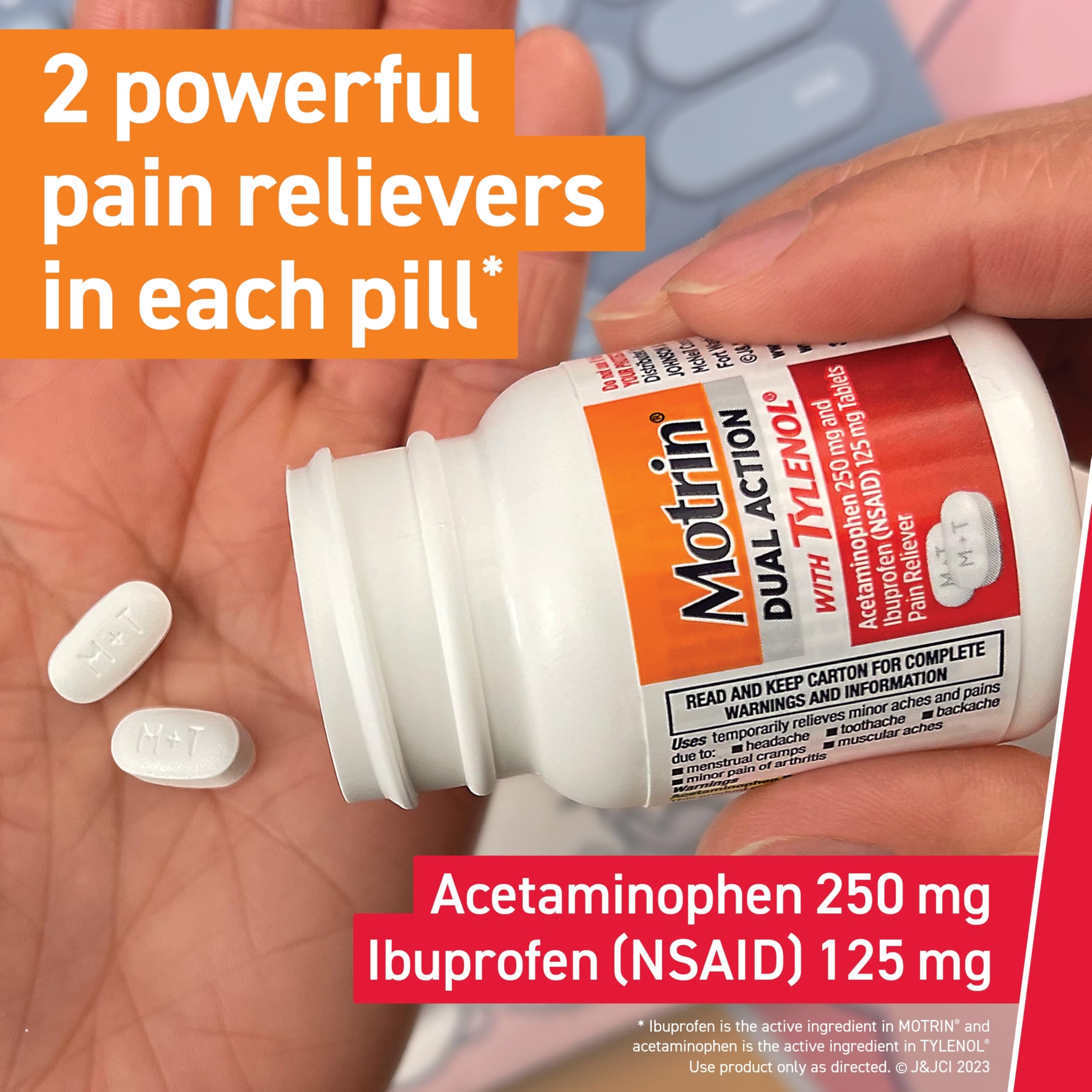 Motrin Dual Action medication box with 80 tablets for pain relief, featuring Motrin branding and dosage information