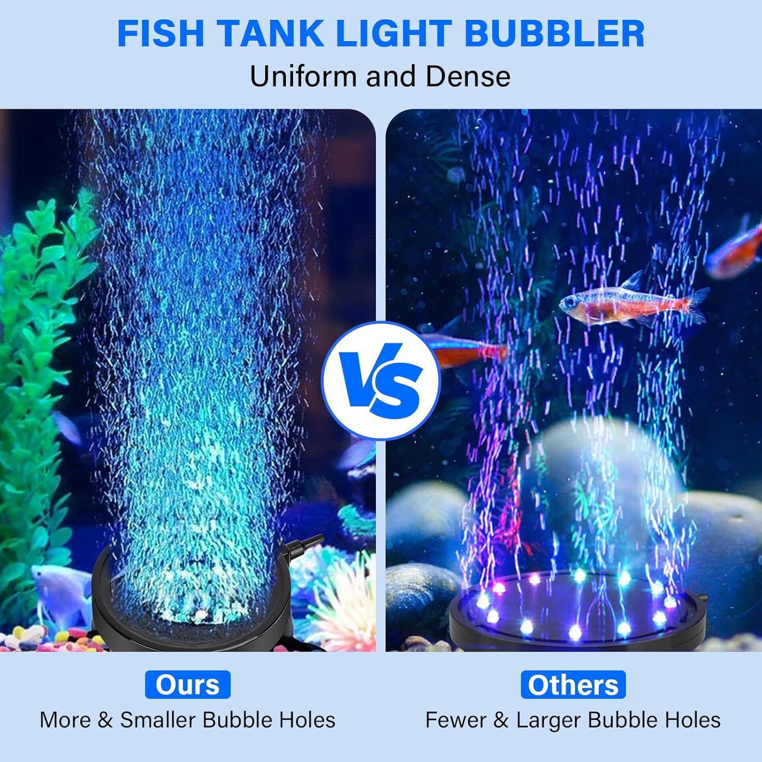 Fishkeeper aquarium LED air bubble light with bubbling stone disk, creates colorful underwater light effects in fish tanks.