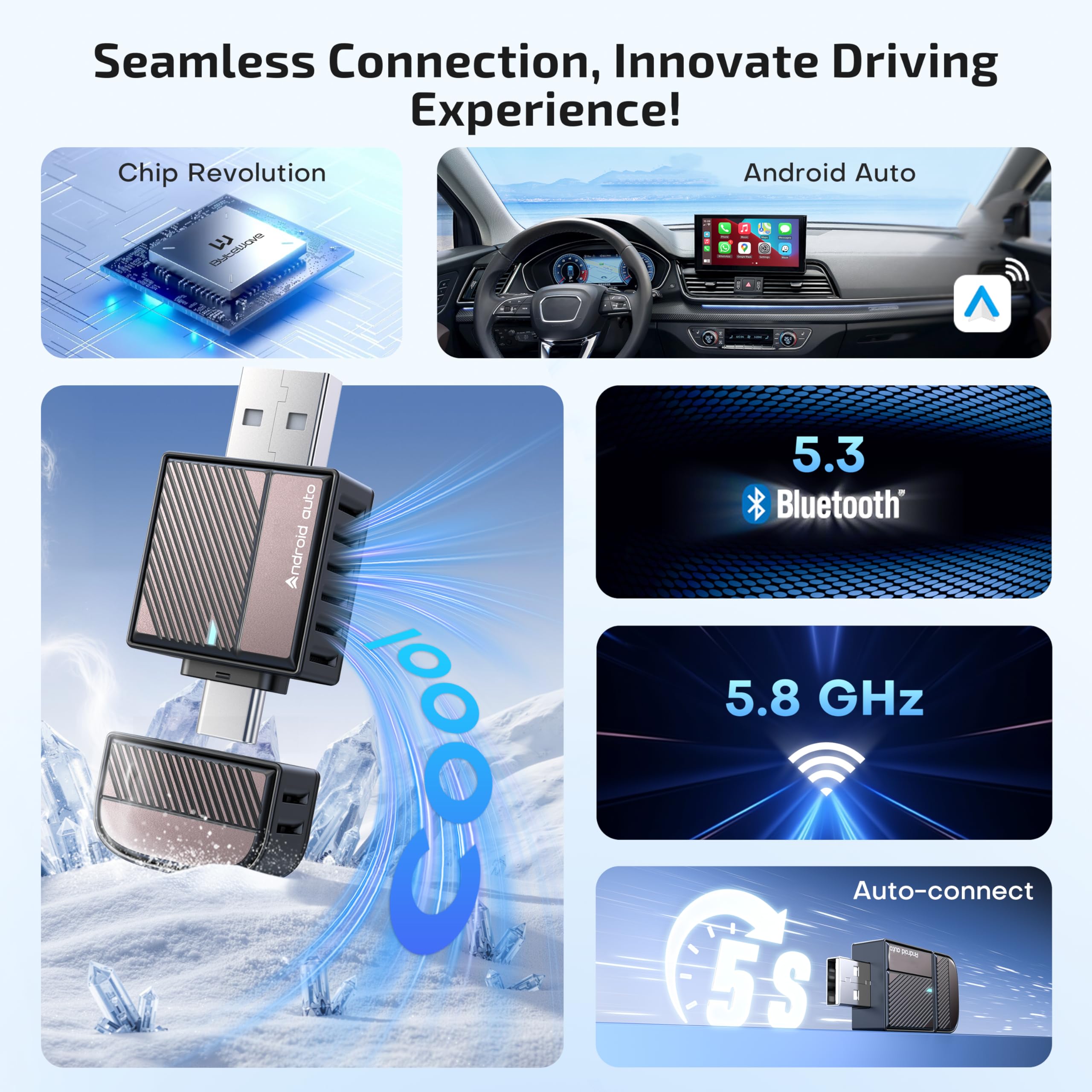 Bytewave Wireless Android Auto Adapter, USB A/C Car Dongle with N by ByteWave - Angle View 4