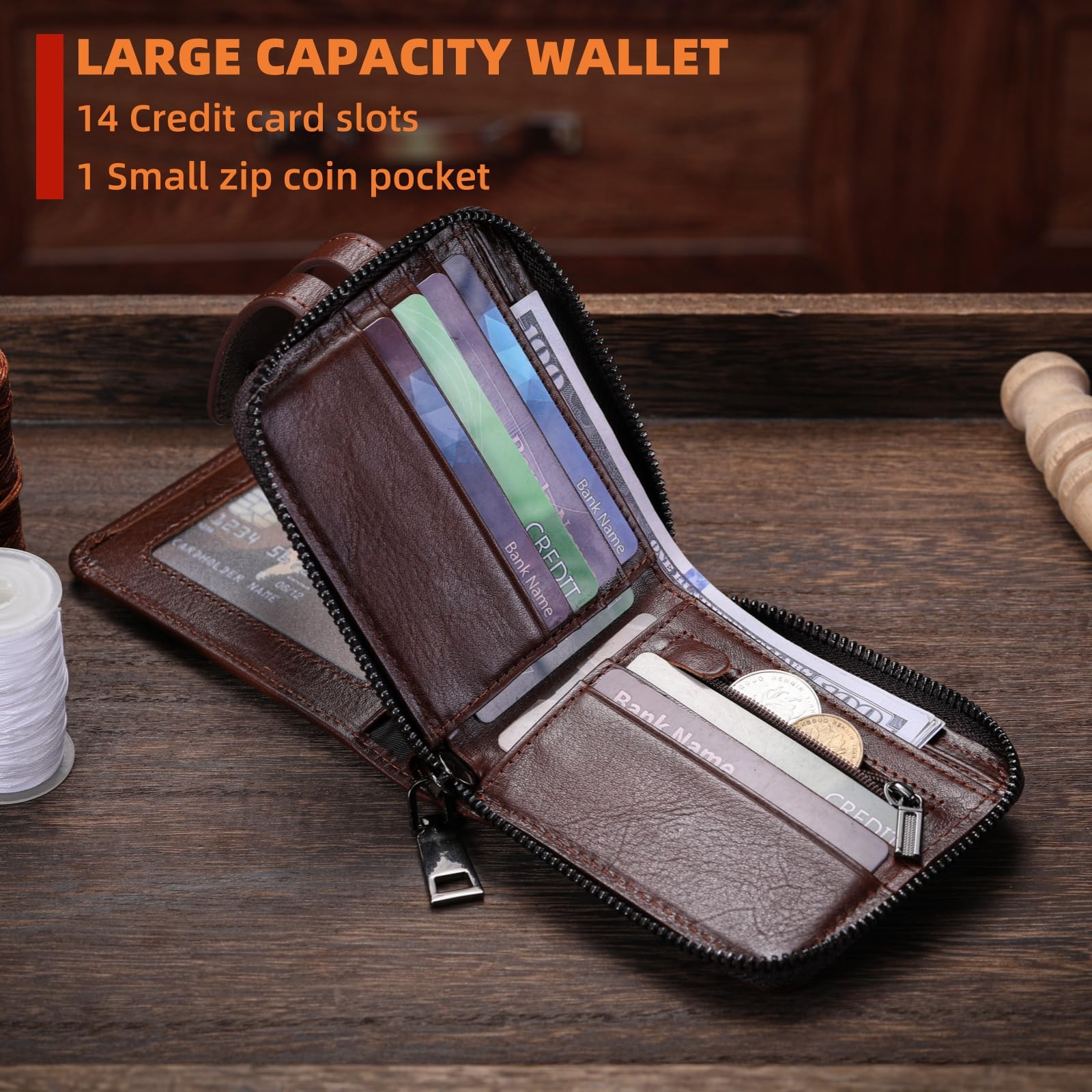 BULLCAPTAIN Leather Zipper Wallet for Men – RFID Blocking