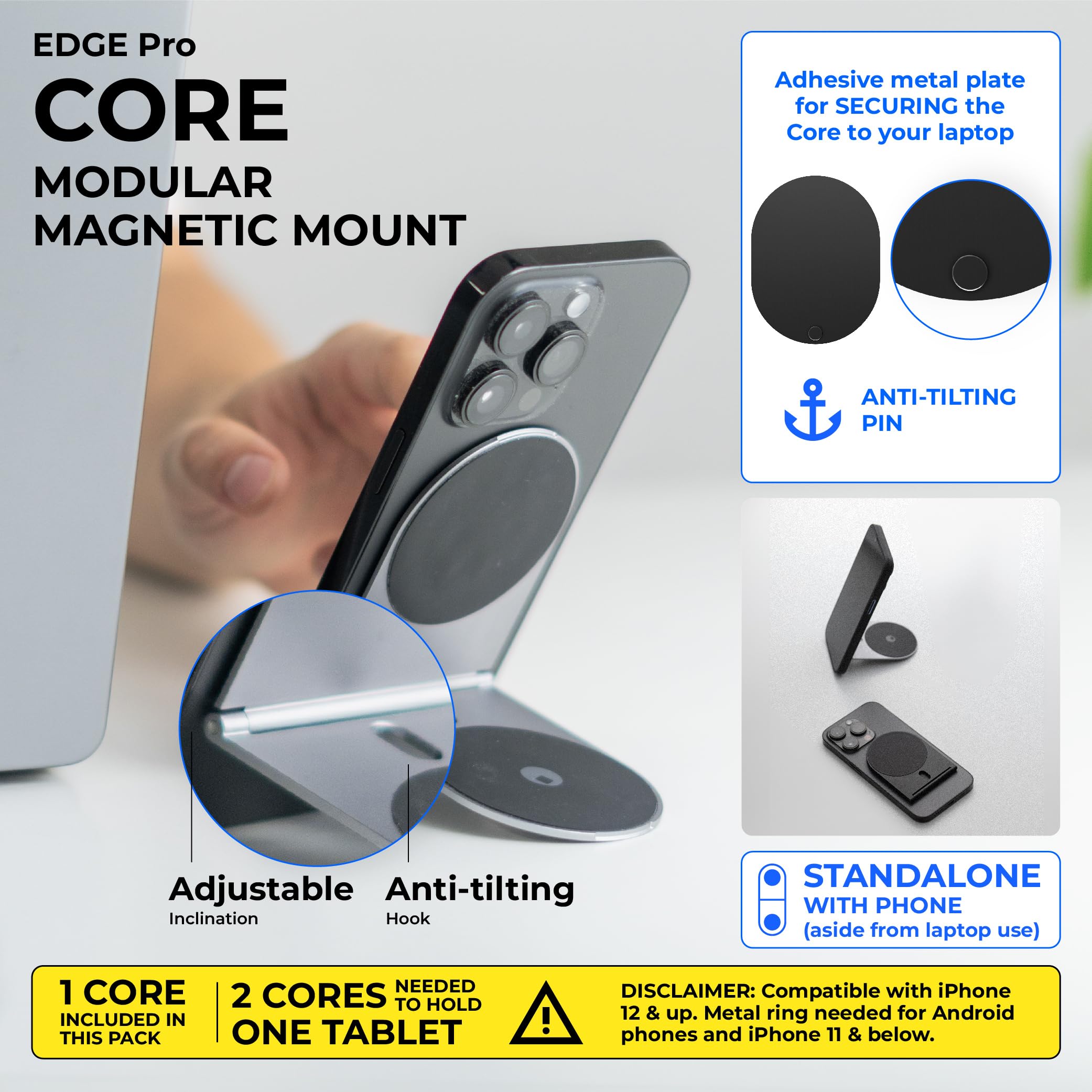 Rolling Square Edge Pro Core magnetic phone mount with secure metal plate, compatible with MagSafe, Qi, and non-MagSafe devices in black.