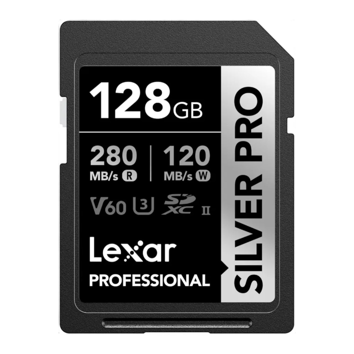 Lexar 128GB Professional SILVER PRO SD card with UHS-II, C10, U3, V60 speed class, designed for high-performance Full HD recording.