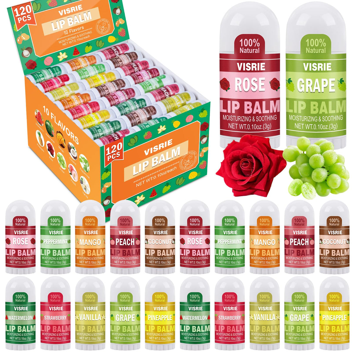 120 Pack Mini Lip Balm Bulk 10 Assorted Flavors 0 1oz - VISRIE Official Imagery - 2