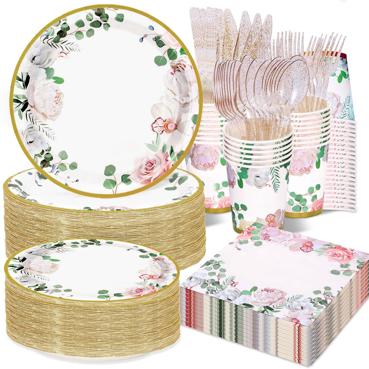 350 PCS Floral Plates and Napkins Party Supplies Serve 50 - AWLZJZQA Official Imagery - 1