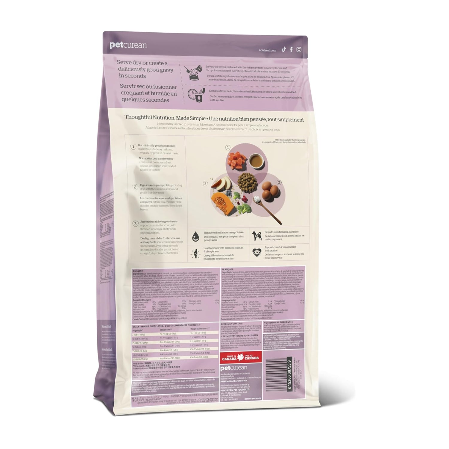 Now Fresh Salmon bone broth coated dry dog food kibble in a 3.5 lb bag, showing salmon-flavored dog food with bone broth coating
