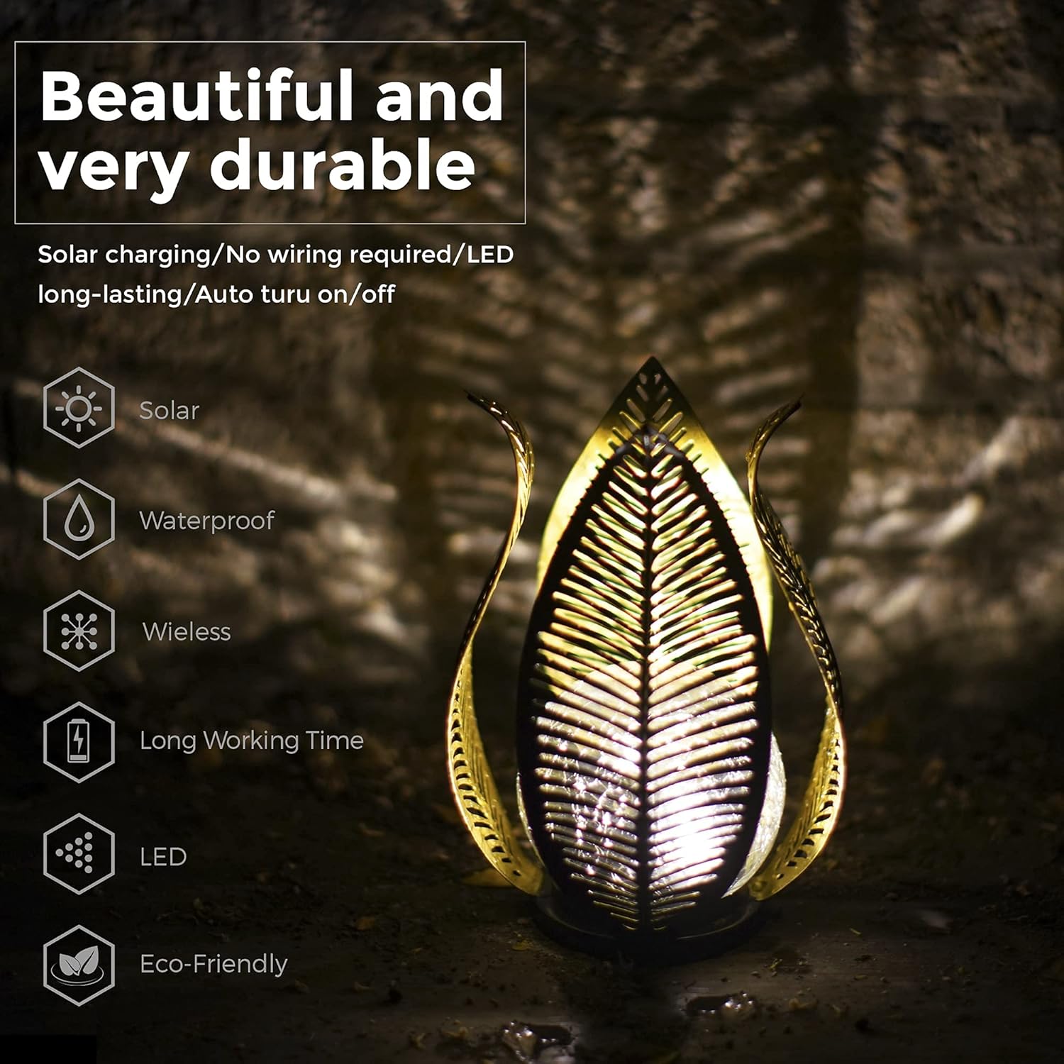 Waterproof solar garden lights with crackle globe glass and metal palm design by QZGE, ideal for outdoor decorative lighting.
