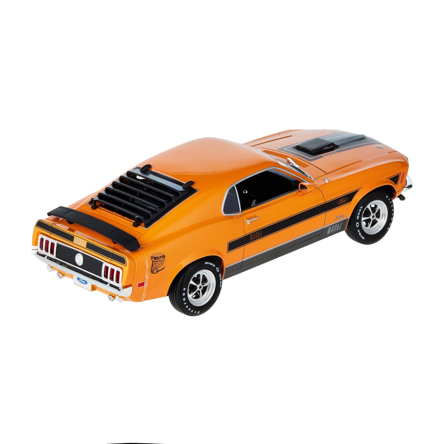 Orange Maisto 1:18 scale 1970 Ford Mustang Mach 1 model car, detailed special edition collectible vehicle.