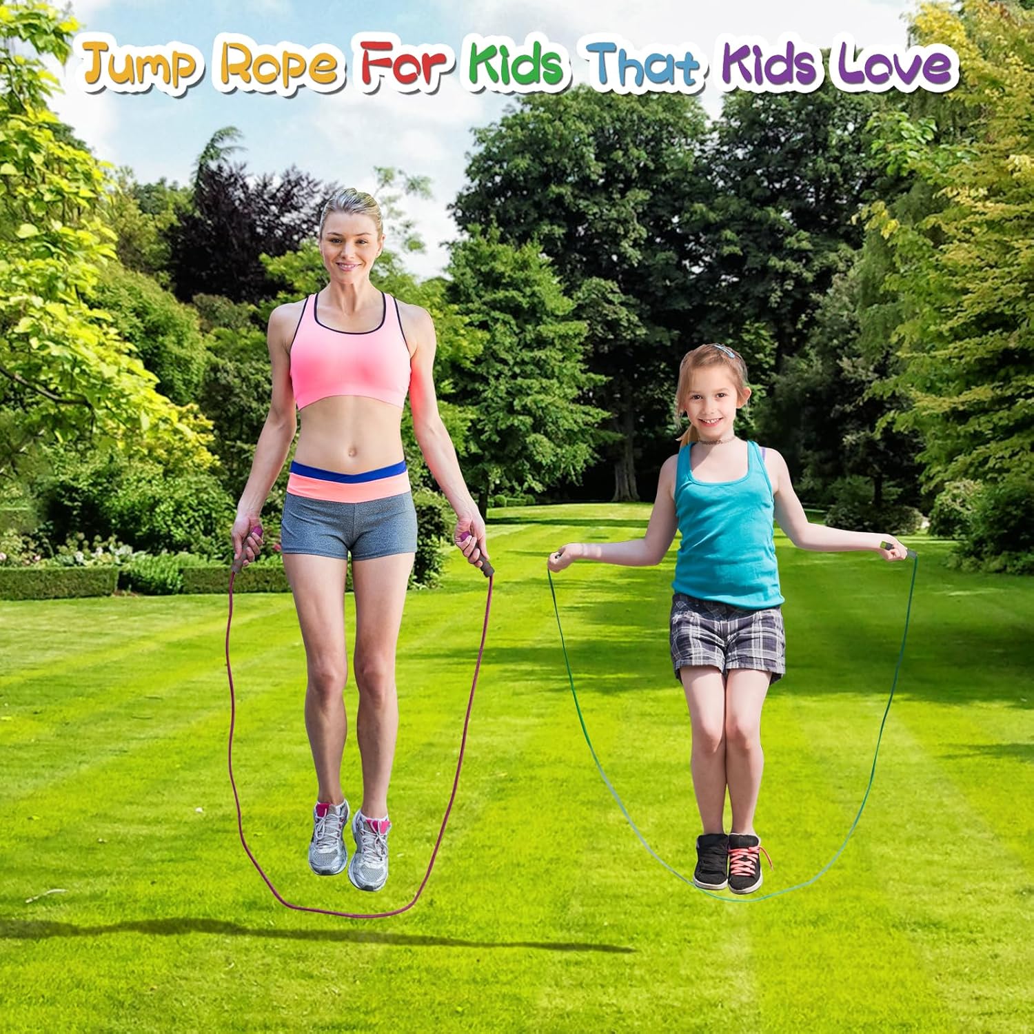 Adjustable soft kids' jump rope for toddlers, TIOPSUUO brand, with colorful handles and a lightweight skipping rope for children.
