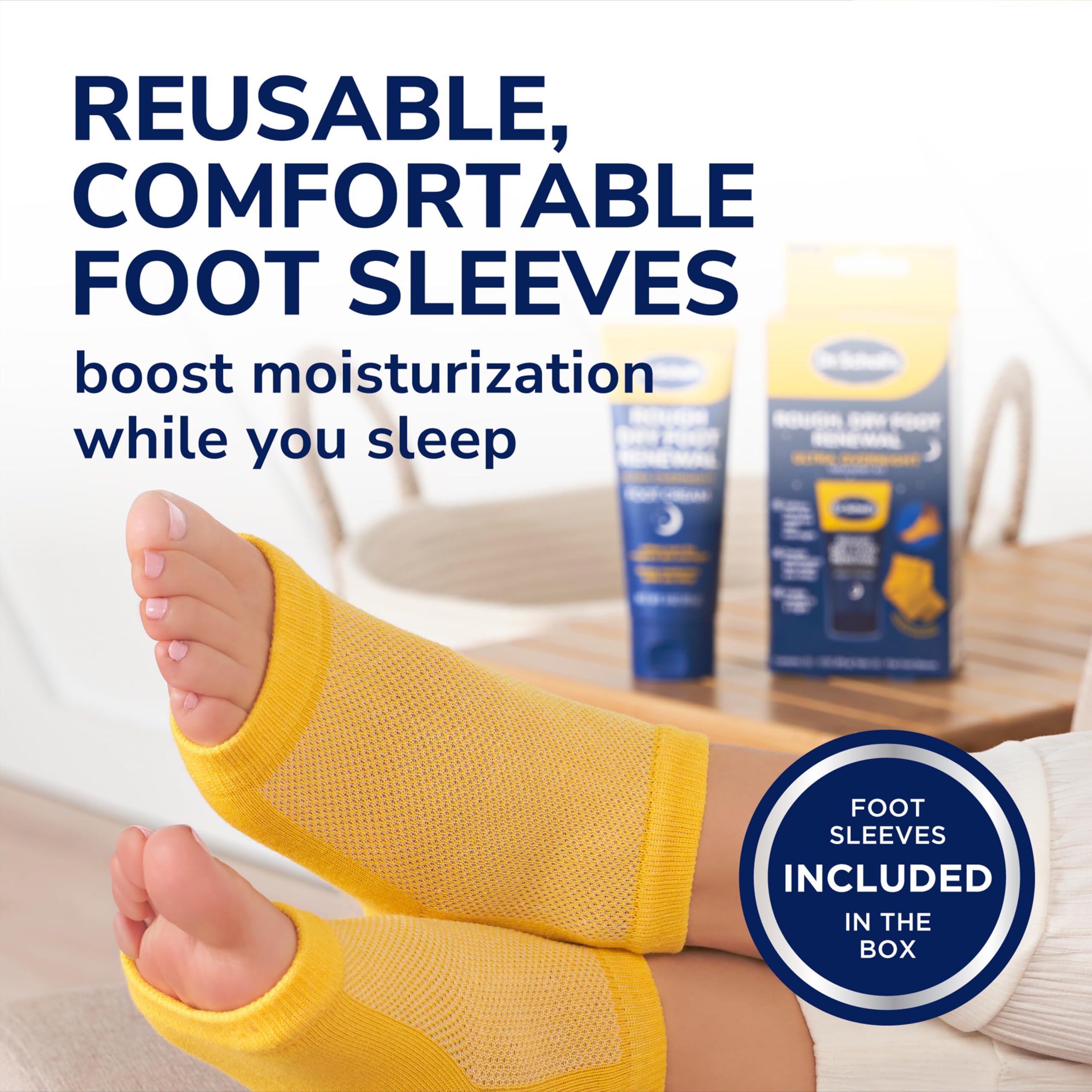 Dr. Scholl's Foot Renewal Overnight Kit with moisturizing cream and soft socks for dry, rough foot skin care.