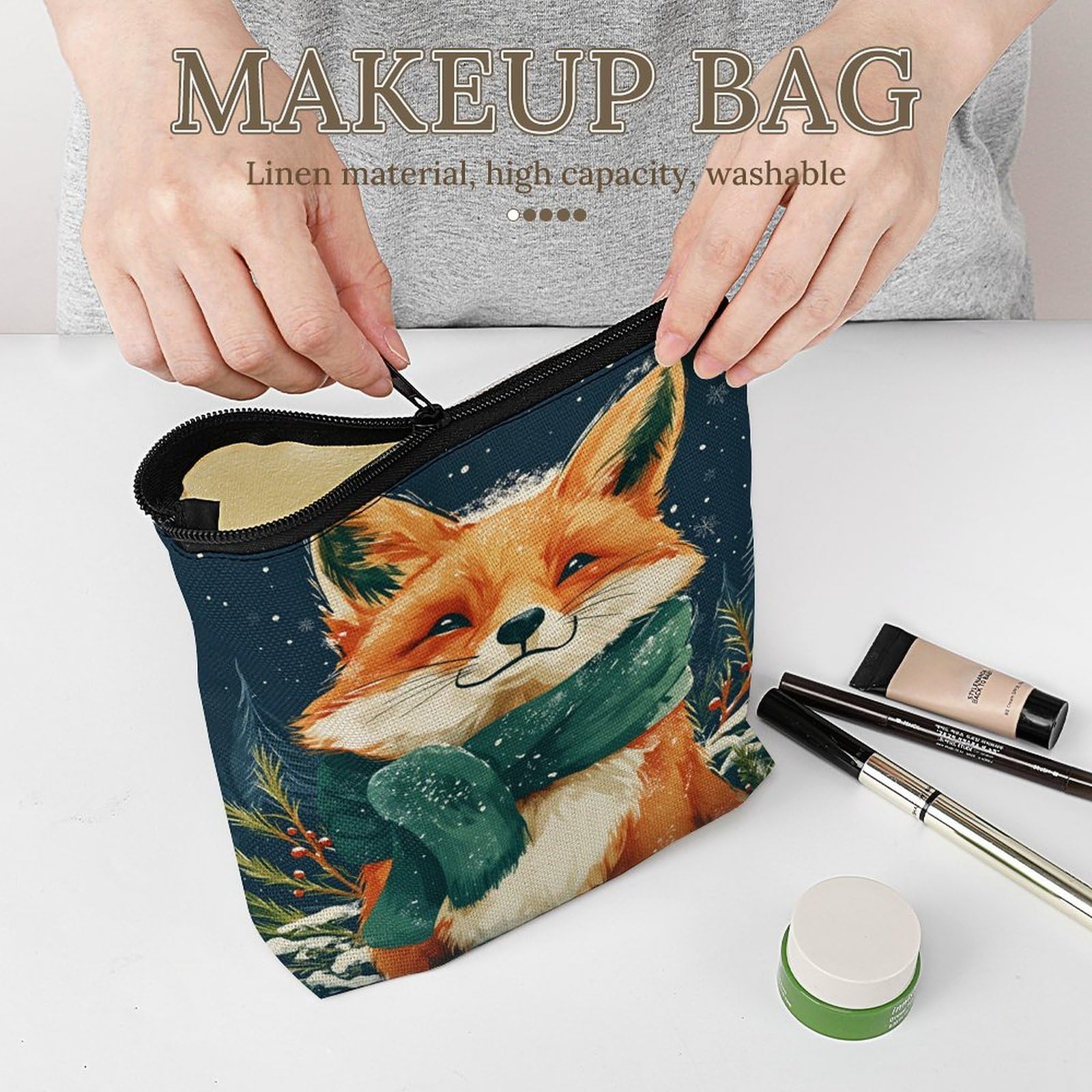 Qfsdijnig Fox Winter Scarf Snowflake Pine Cosmetic Bag Makeup Pouch with Zipper - Travel Linen Makeup Organizer - Portable Vanity Case for Women Girls Teens - Gift Set for Her - Makeup Storage Bag
