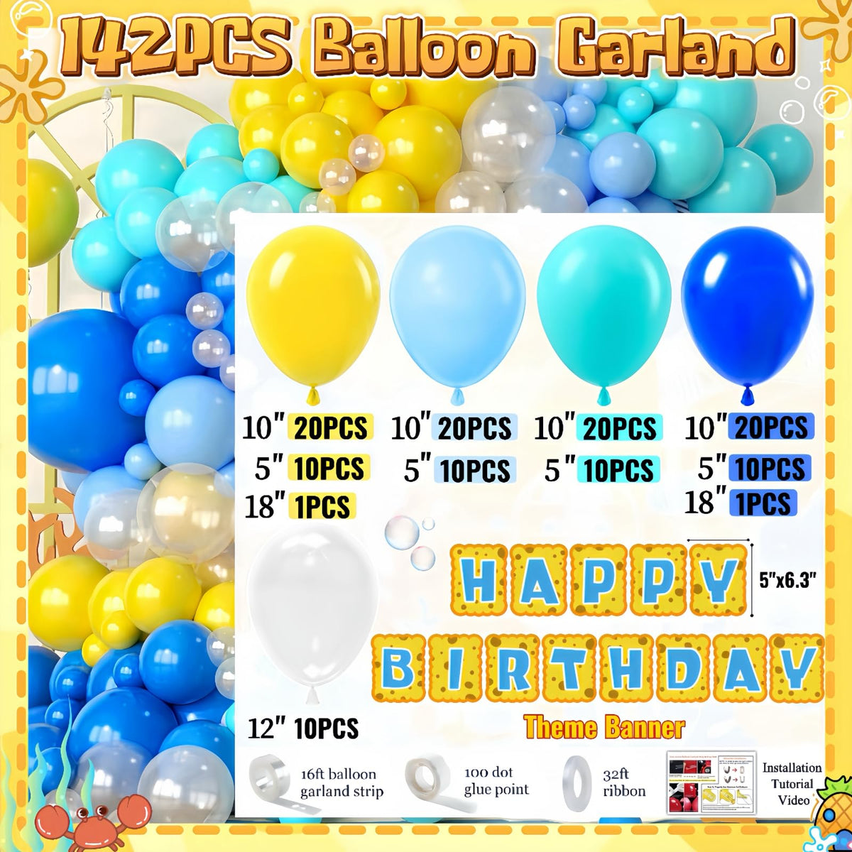 Daidle Sponge Birthday Decorations Kit 153Pcs Under the Sea - Daidle Official Imagery - 4