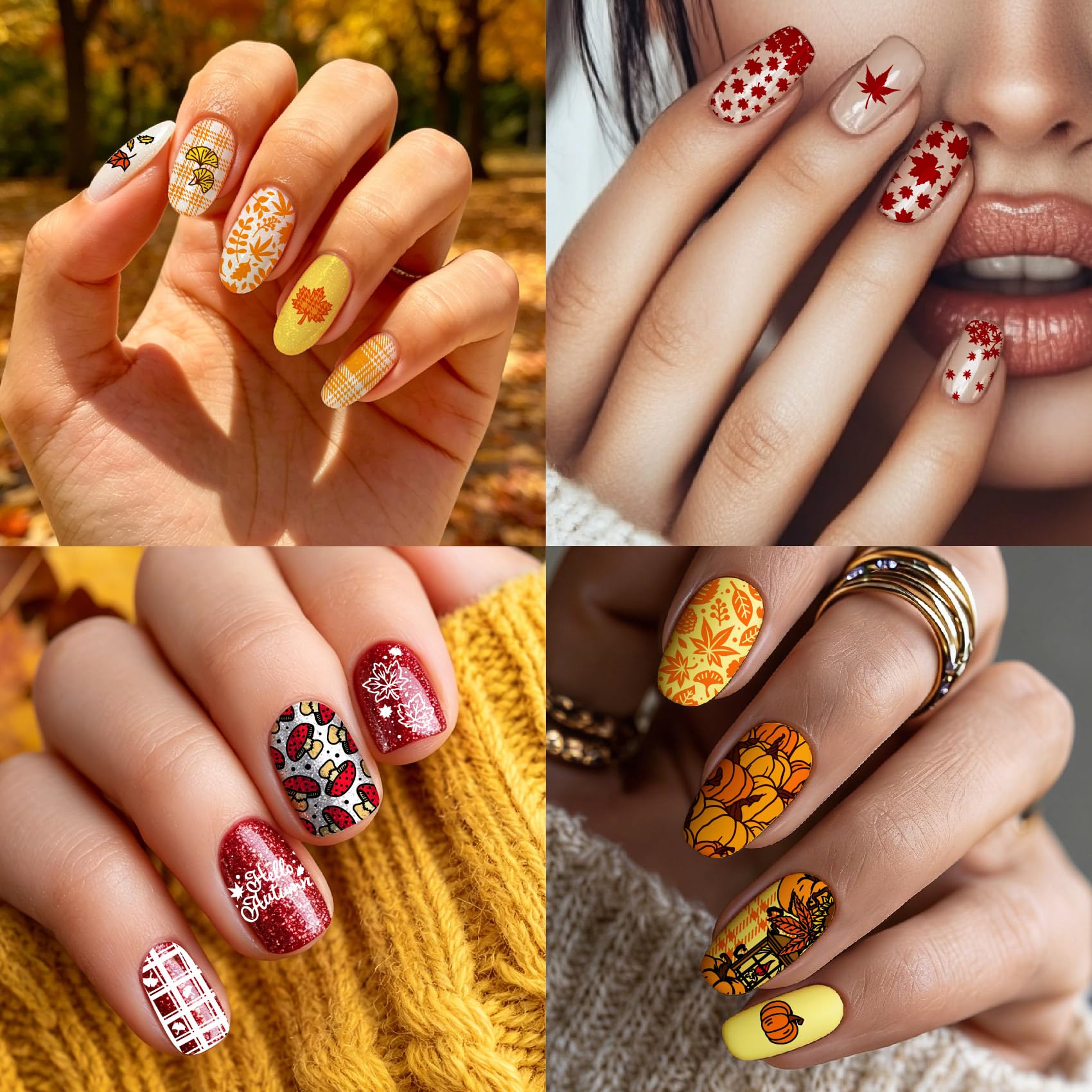 Arbuya Fall Nail Stamping Plates Set of 3 - Pumpkin, Mushroom, Maple, Ginkgo, Oak Leaves & Checkered Backgrounds for Autumn Nail Art for DIY Nail Art Manicure Salon Supply