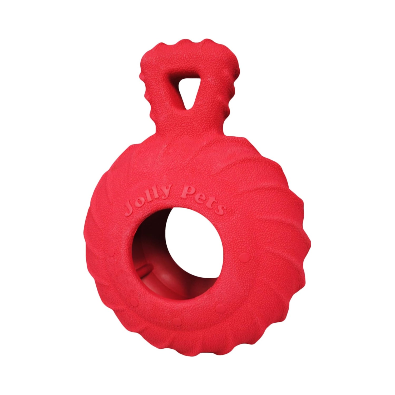 Red Jolly Pets Tuff Treader dog toy with handle, 6-inch size, suitable for all dog breeds, durable rubber design.