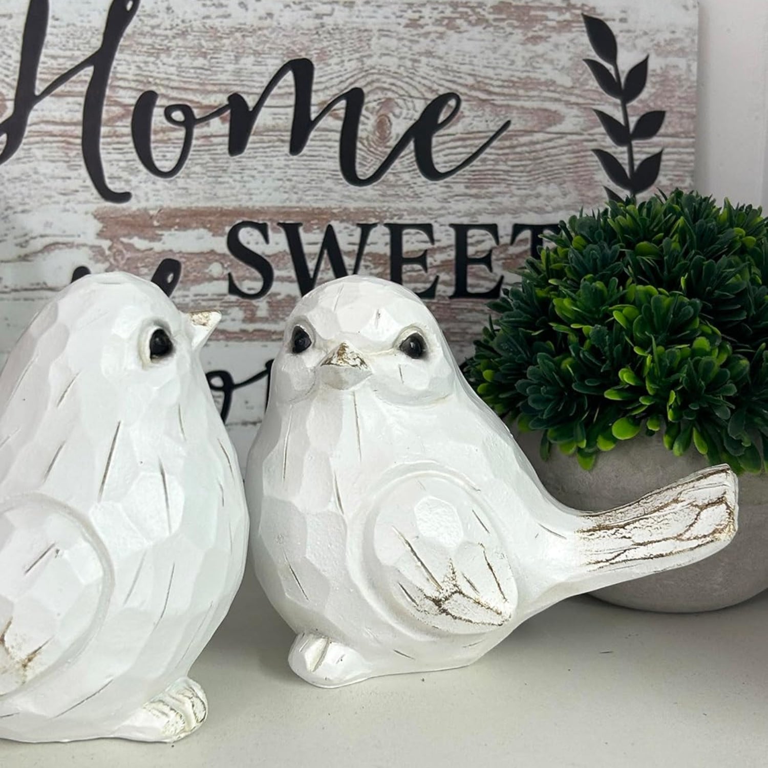 Set of 2 white bird sculptures for farmhouse decor, featuring realistic bird statues for home decoration by realideas.
