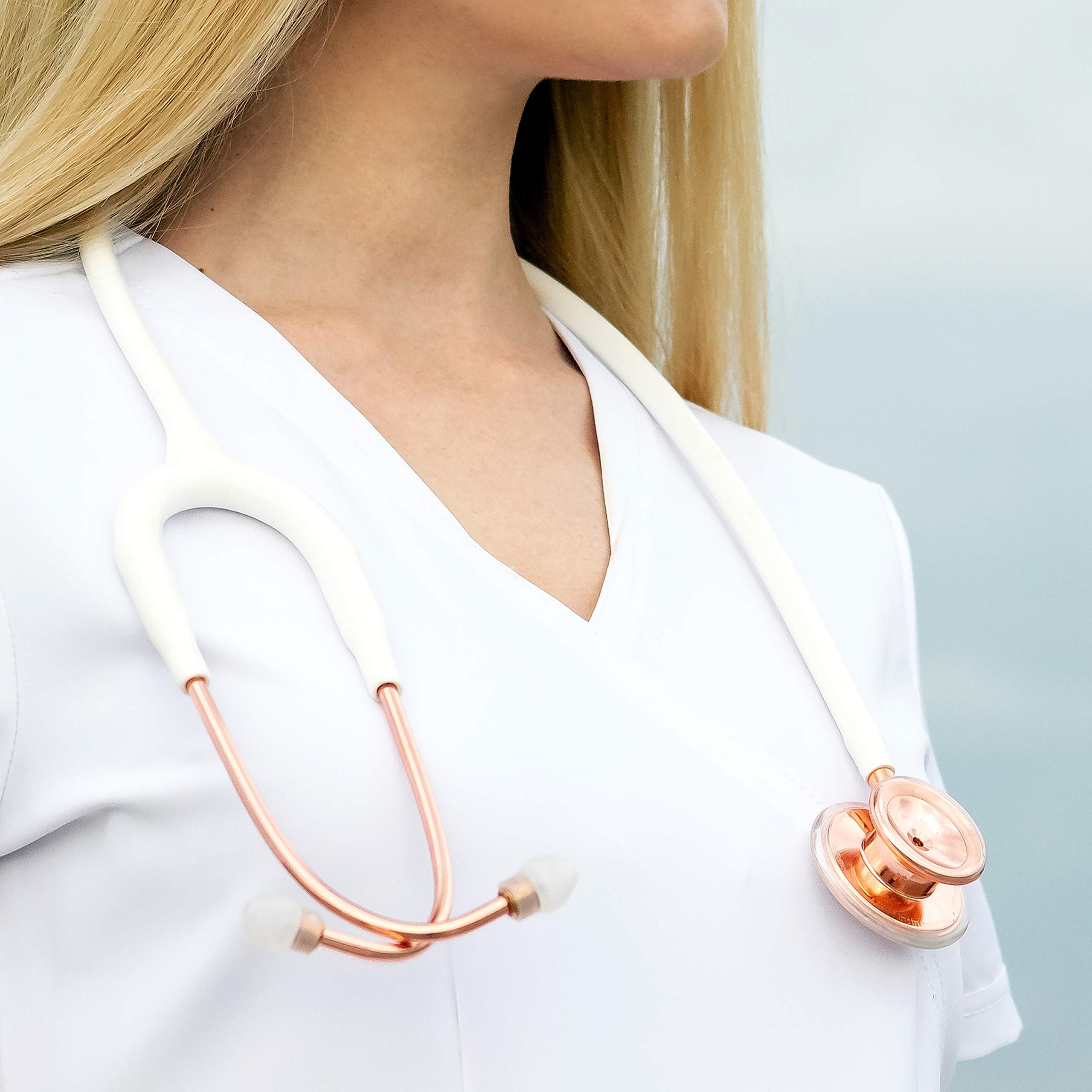 MDF Instruments, Rosegold MD One Stainless Steel Stethoscope, Adult, White Tube, Rosegold Chestpieces-Headset, MDF777RG29